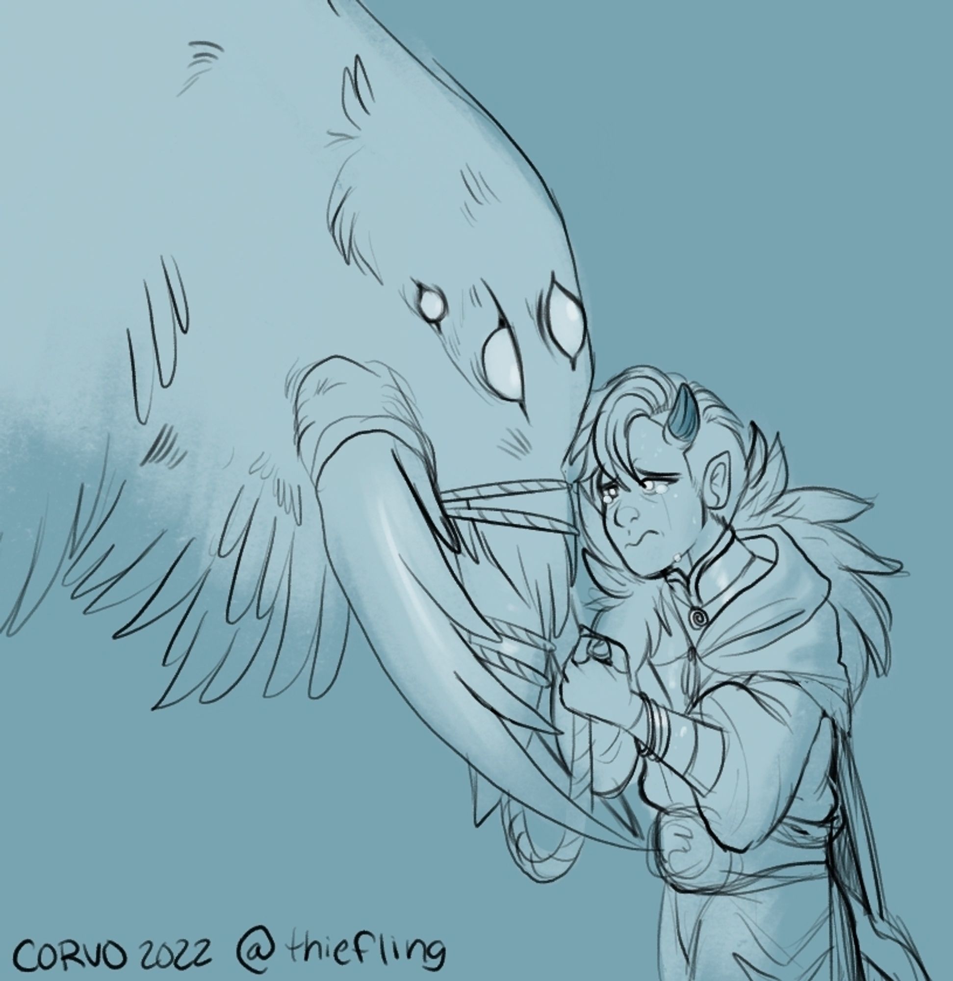 Sketch of a deep crow lowering its face to a crying tiefling.