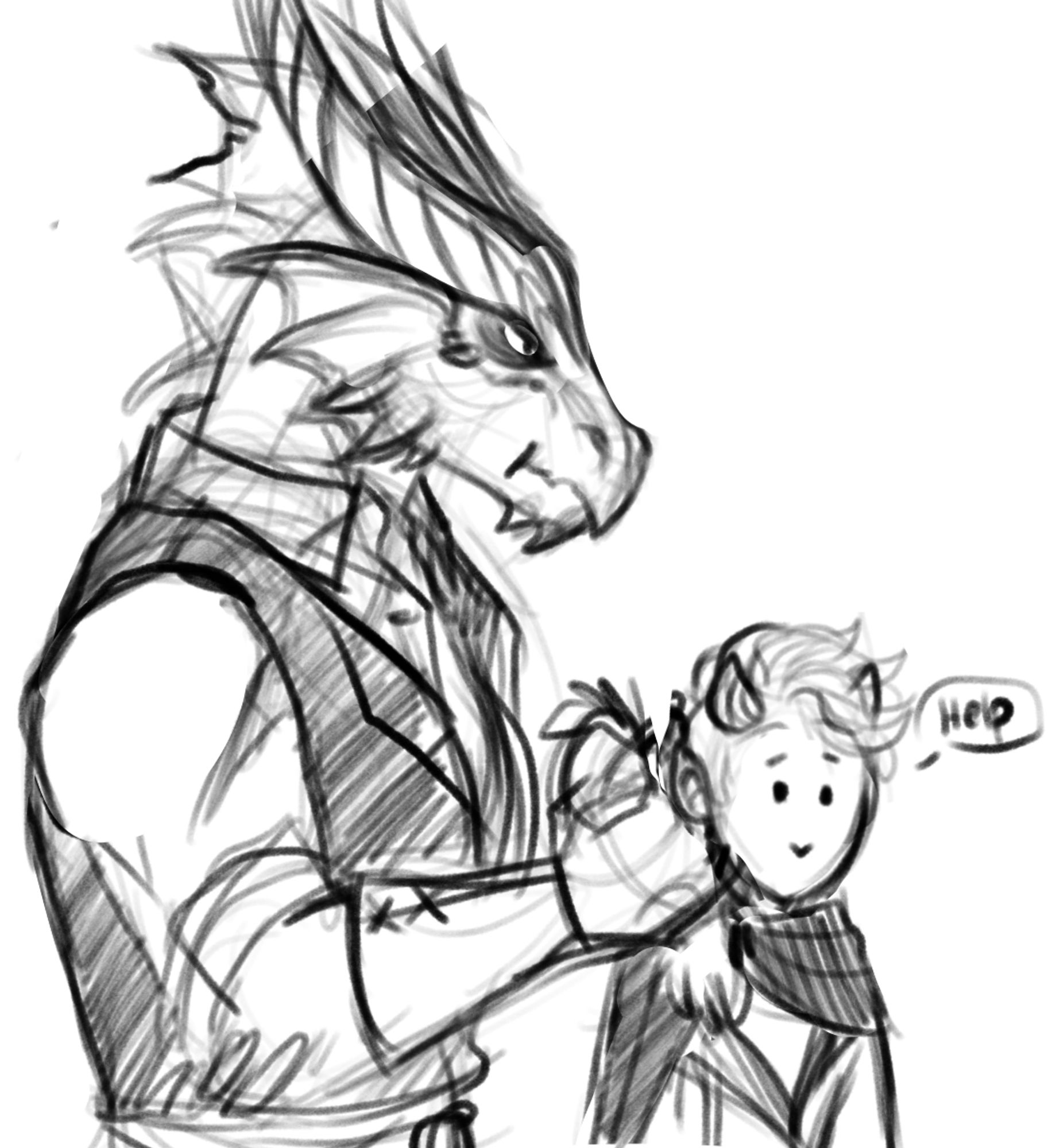 Sketch of a tall dragonborn holding a tiefling by the scruff.