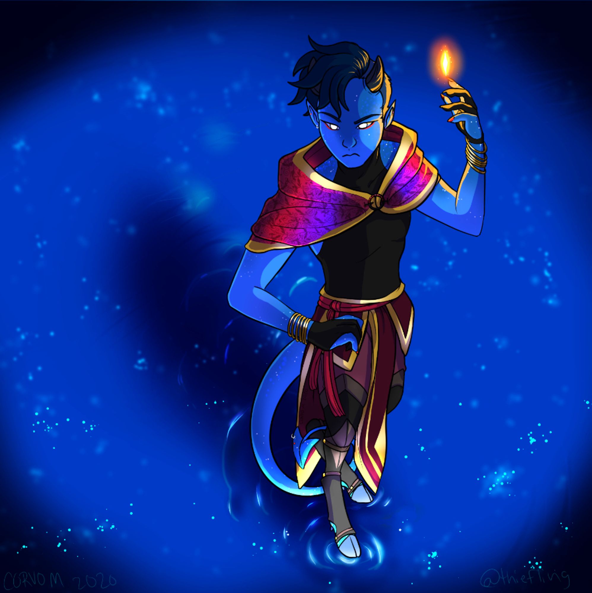 Digital drawing of a blue-skinned tiefling on a blue, sparkling background. The tiefling has an arm raised and an orange flame of light floating above their fingers.