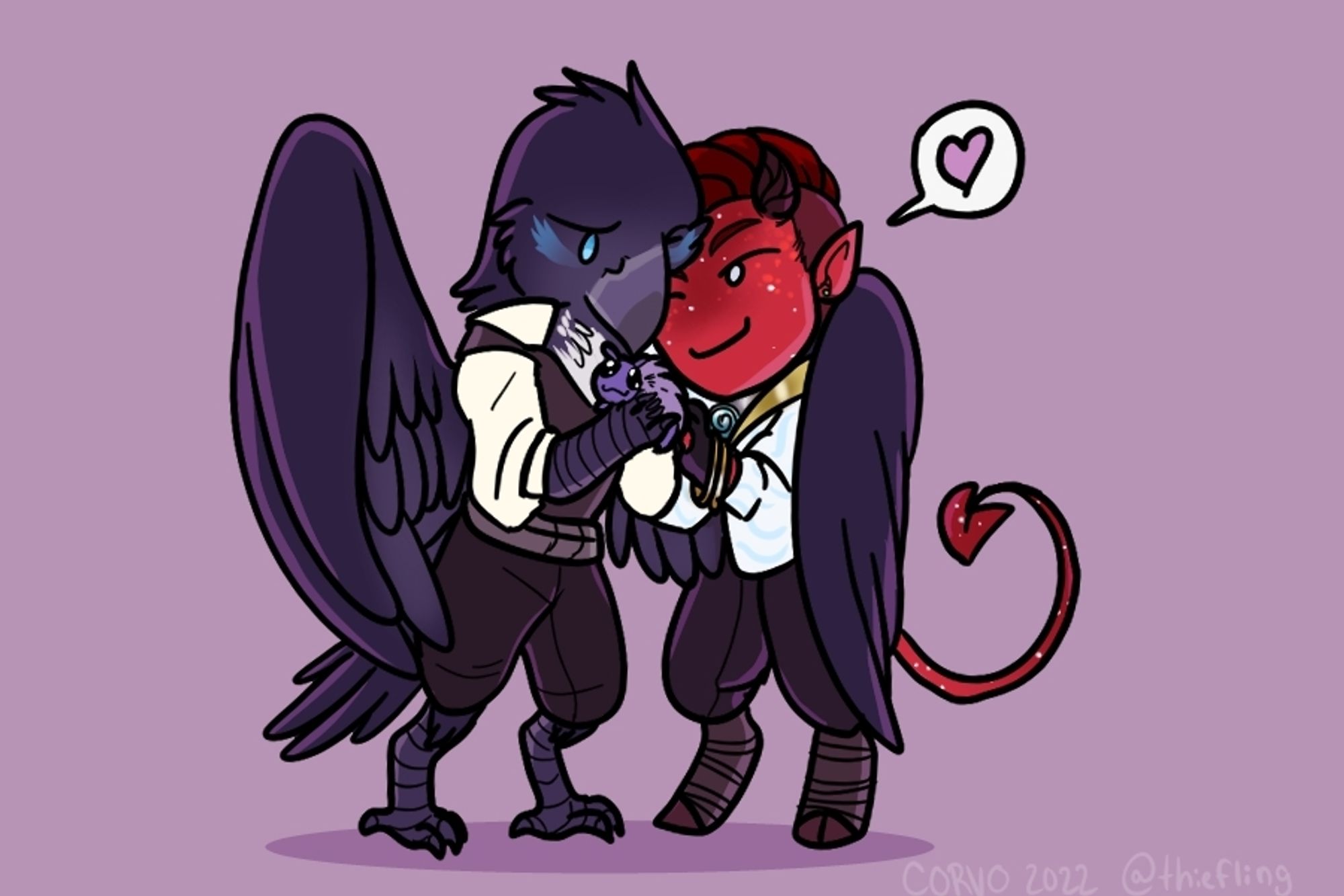 A chibi drawing with a simple background, on the left is a dark feathered aarakocra. On the right is a red-skinned tiefling giving off a speech bubble with a heart inside it. They are holding a tiny caterpillar-like creature between them.