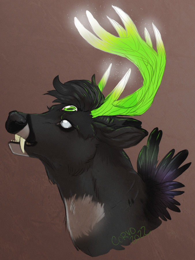 A digitally colored sketch of a dark-furred deer with bright green antlers and a ruff of feathers at the base of it's neck. The drawing is a bust and cuts off before the shoulder. The deer has a pale regular eye and an eye in the center of its forehead. It is facing to the left with its nose raised.