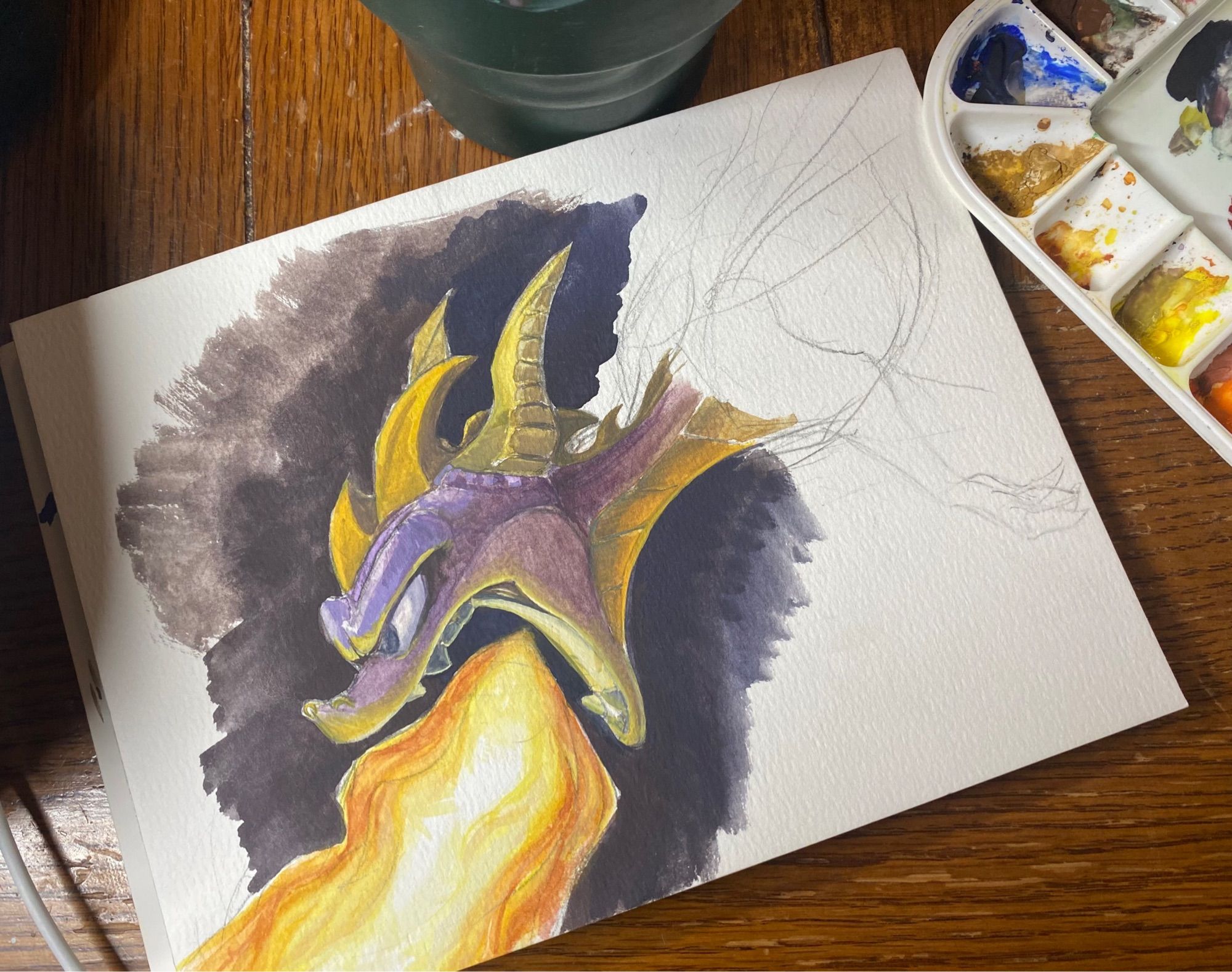 Gouache painting of a fire breathing Spyro