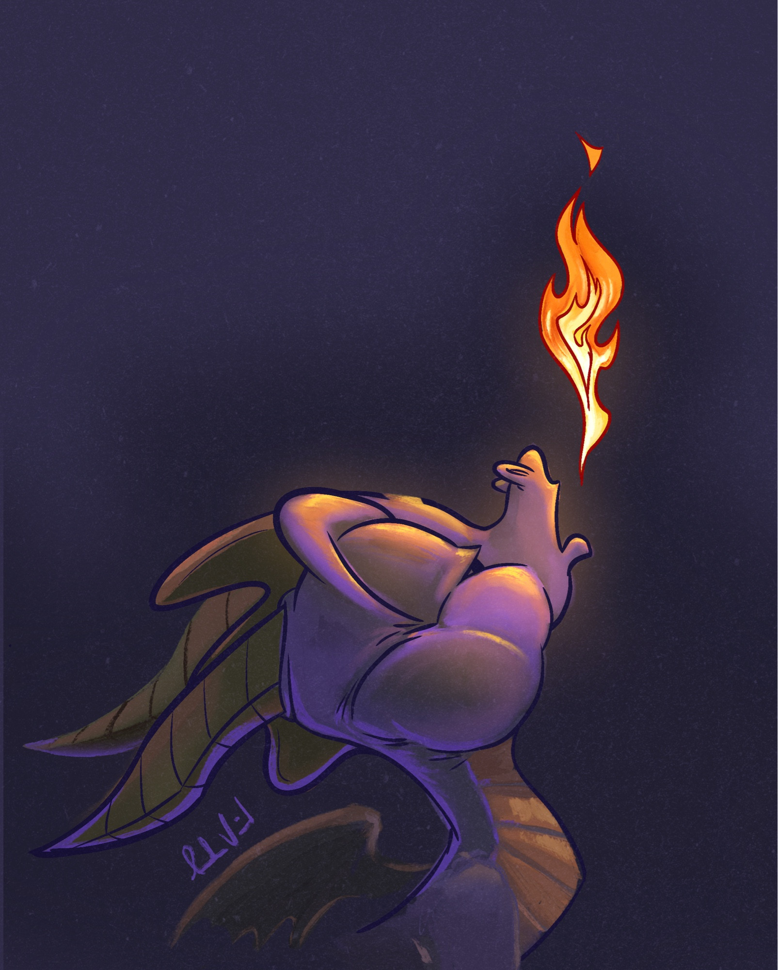 Spyro puffing a little flame in the dark.