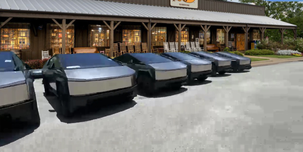 Just a fuckton of Cybertrucks in front of a Crackerbarrel. Is it Photoshopped? Who cares!