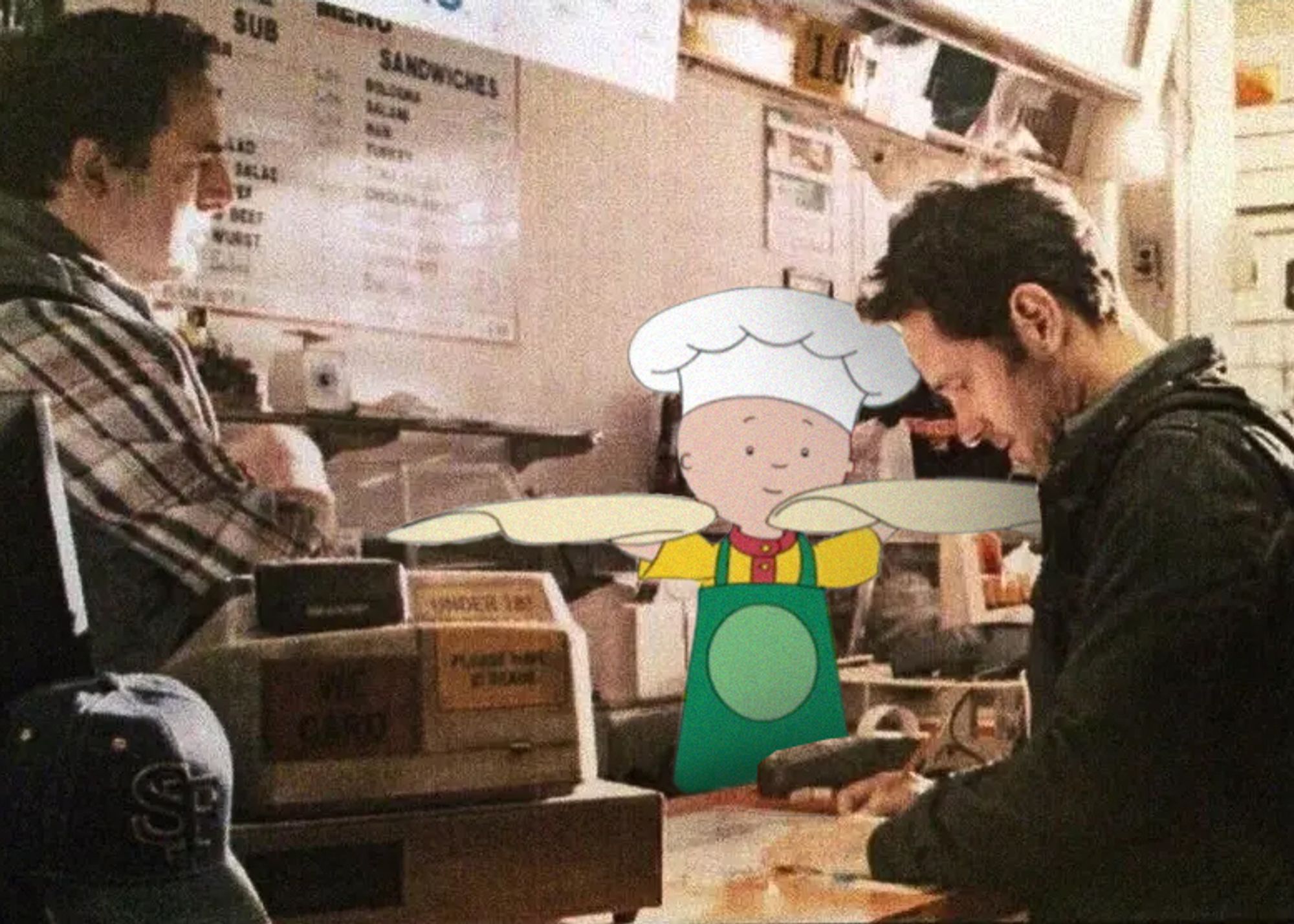 Screenshot of a deleted scene from the 2015 Marvel movie Antman. Comedy legend Tom Scharpling is playing a pizzeria owner. He stands behind a cash register with his arms crossed, waiting impatiently for Paul Rudd, the Antman, as Paul awkwardly counts out change. The scene was cut because Caillou wouldn't stop spinning pizza dough with both arms in the middle of the shot. Paul Feig, the director, grew so frustrated with Caillou upstaging the scene that he finally cut it from the final movie.