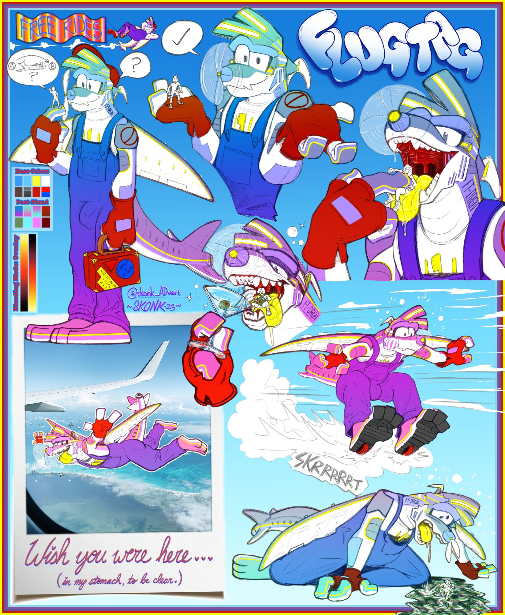 A comic strip featuring Flugtag the Airplane Dragon. Flugtag picks up a micro who asks for a ride, then gets slurped up all safely for the journey! Flugtag tosses back his pre-flight martini and delivers the lil guy to his destination in no time! Hope he doesn't mind being completely soaked...