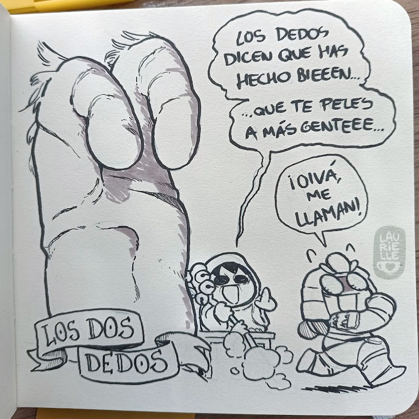 Foto de un cuaderno con un fanart del Elden Ring. Se ve a los dos dedos. La finger reader dice: los dedos dicen que has hecho bieeen... Que te peles a más genteeee... Gideon: ¡Oivá, me llaman!