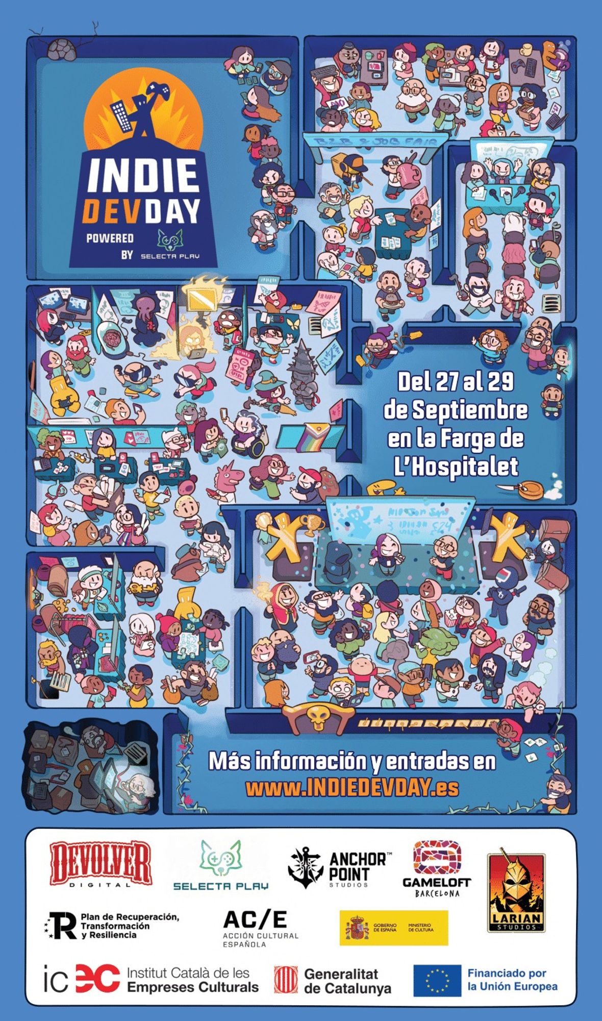 Cartel del indie dev day 2024, una mazmorra estilo zelda oracle of ages de color azul que representa el evento, con asistentes, ponentes, expositores... indica fechas (del 27 al 29 de septiembre en La Farga de L'Hospitalet), la web para comprar entradas y un faldón con patrocinadores