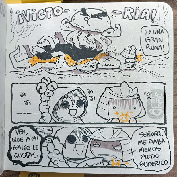 Foto de un cuaderno con un fanart del Elden Ring. Viñeta 1: Goderico derrotado, la medusa subida encima y Gideon sujetando una gran runa. Viñeta 2: una finger reader se acerca a Gideon. 3: la finger reader dice "ven, que a mí amigo le gustas". Gideon responde "señora, me daba menos miedo Goderico"