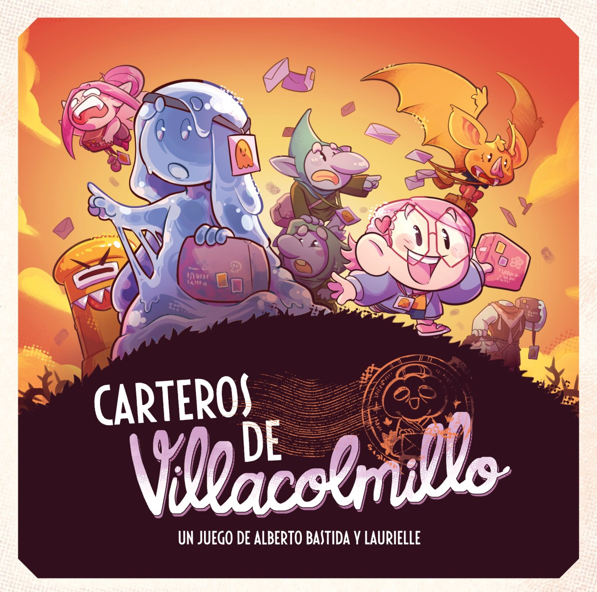 Portada del juego Carteros de villacolmillo con varios personajes muy dispares sobre una colina contra un cielo peligrosamente naranja