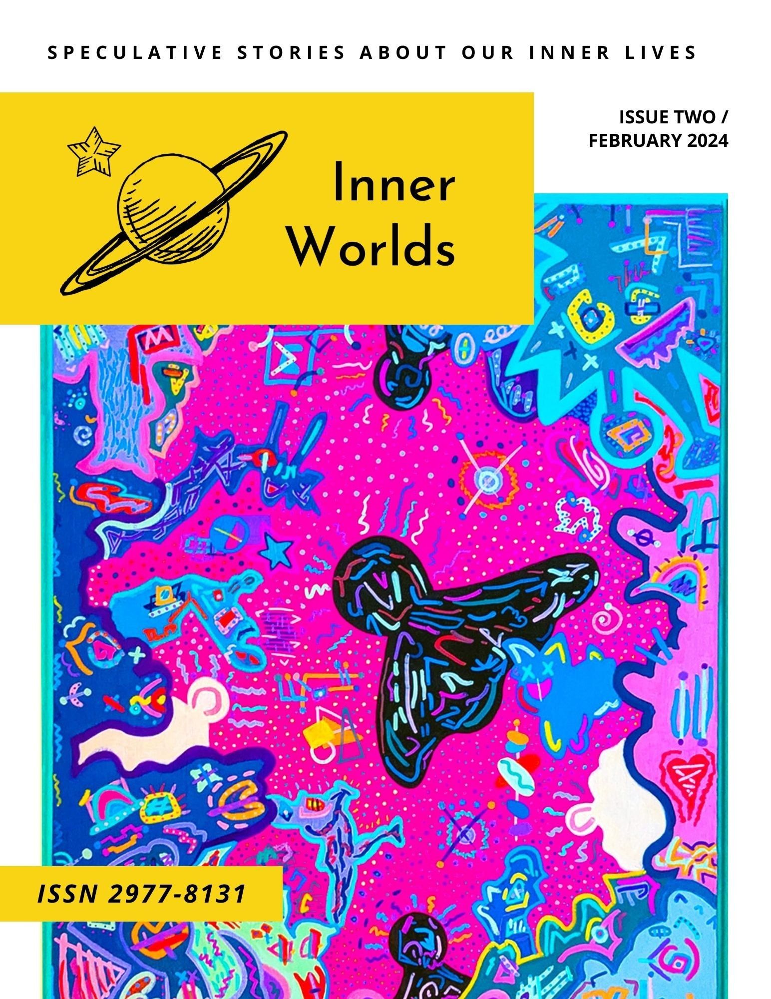 Issue 2 cover with yellow banner and a colourful abstract image