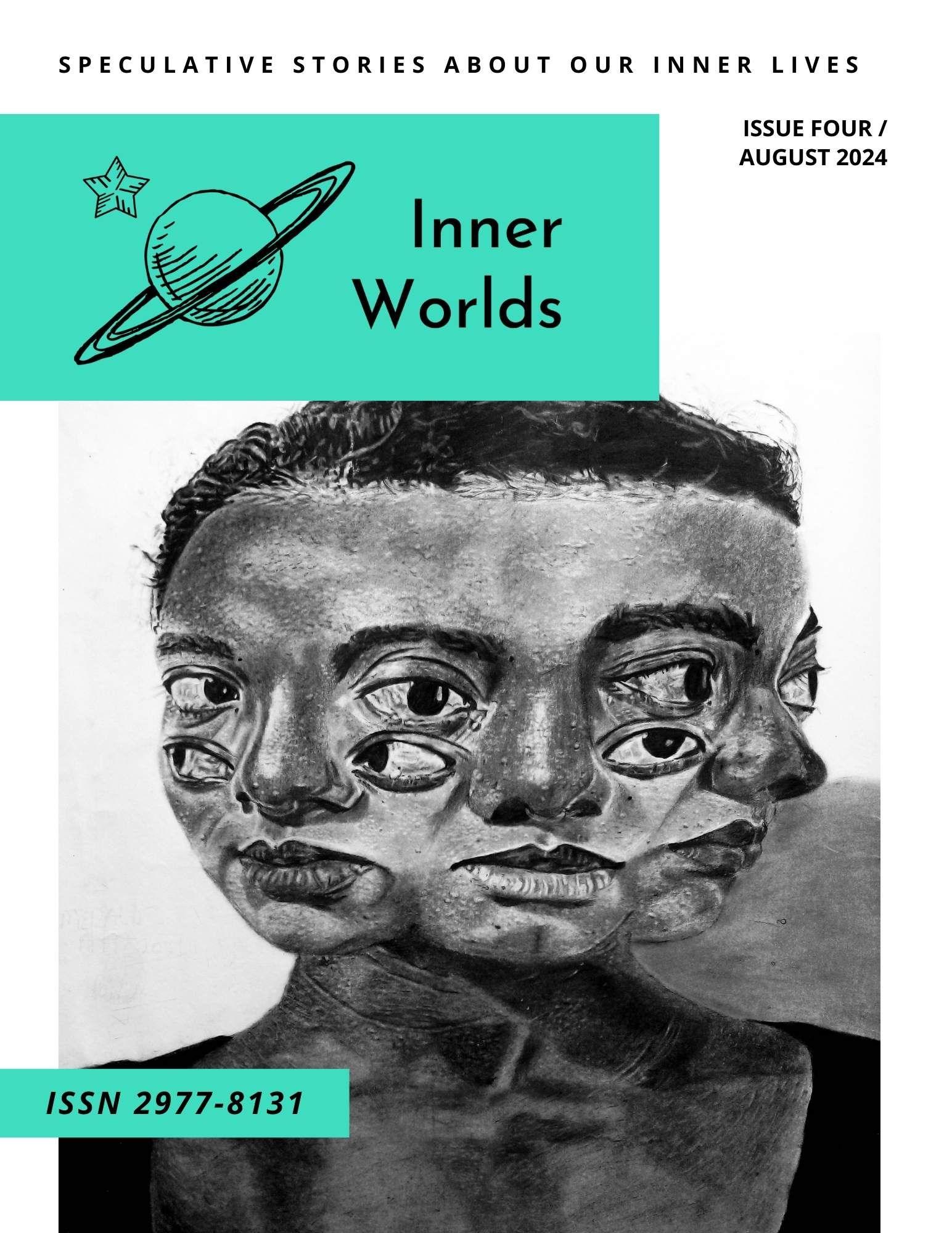 Issue 4 cover with a turquoise banner and a black and white drawing of a person with many faces