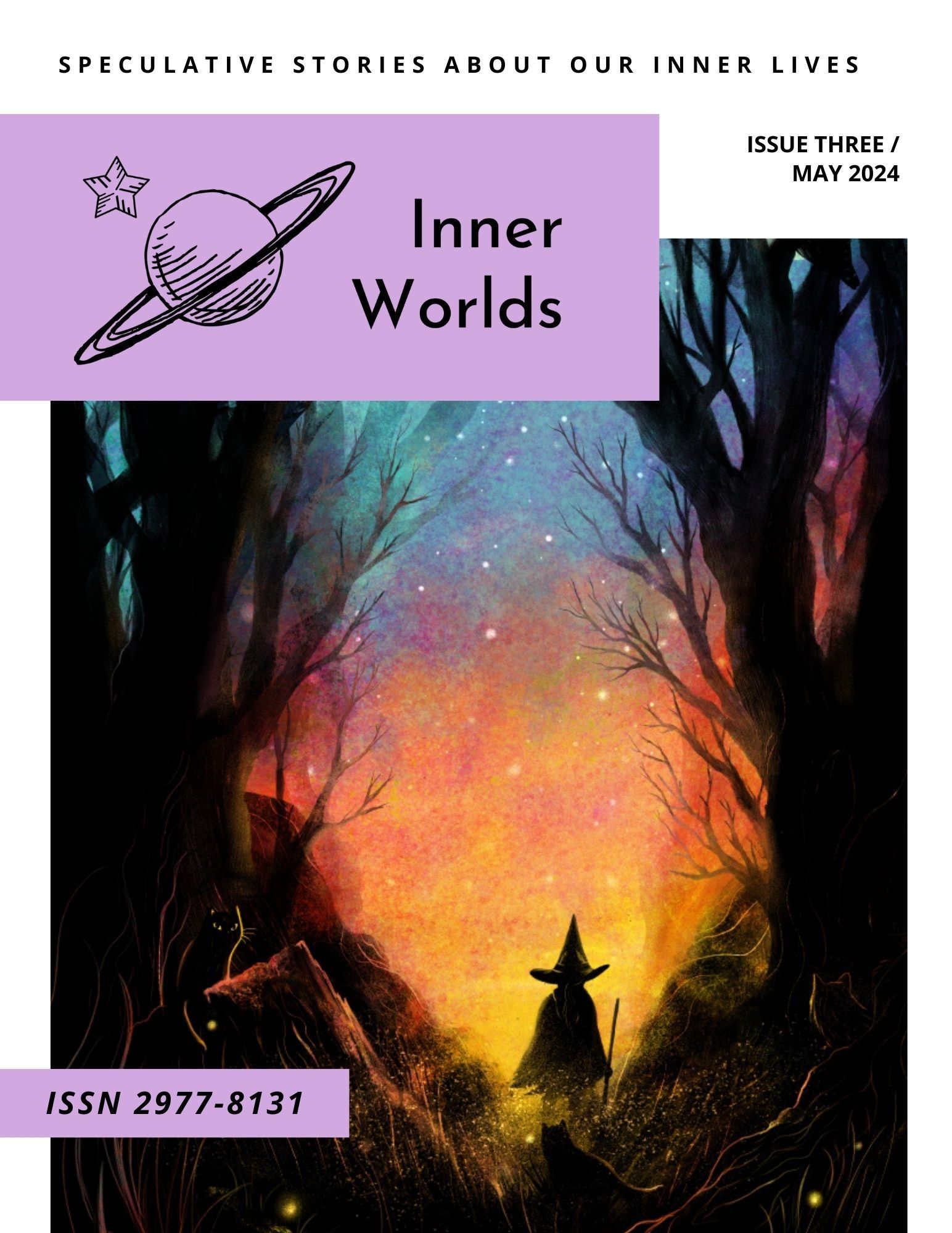 Issue 3 cover with a purple banner and a colourful picture of a witch walking through a dark forest