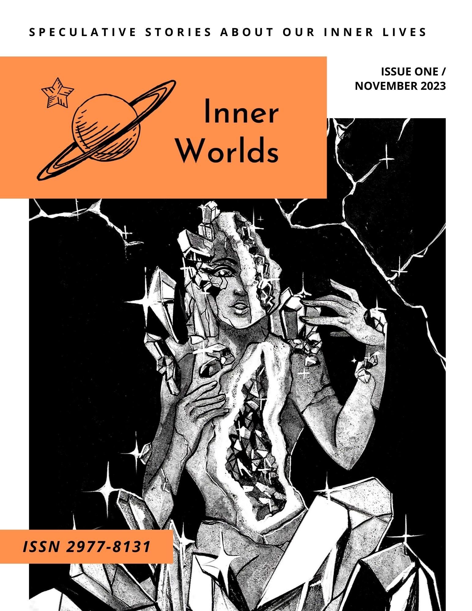 Issue 1 cover with orange banner and black and white picture of a person made of crystal