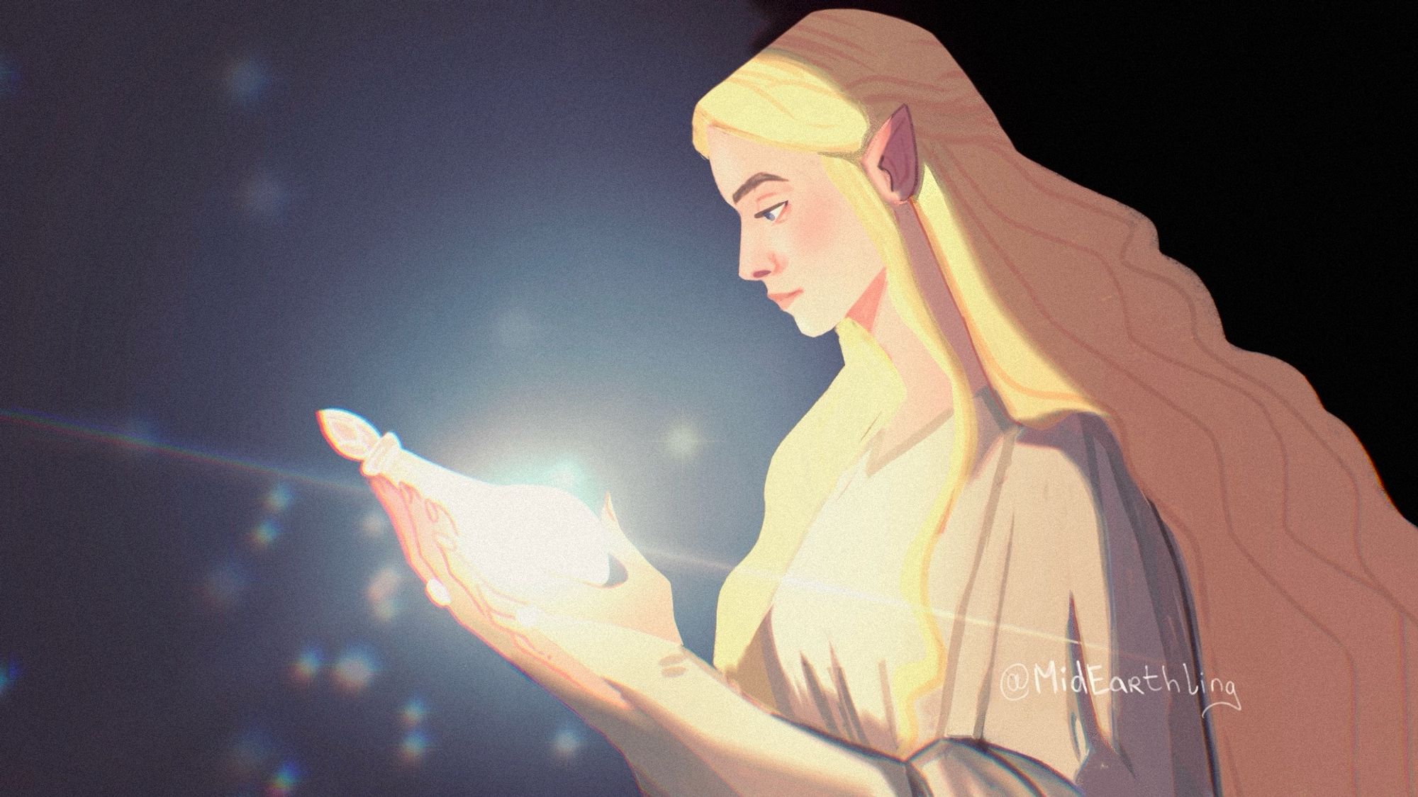 Lineless style illustration of Galadriel in holding a phial of sparkling light and gazing at it serenely