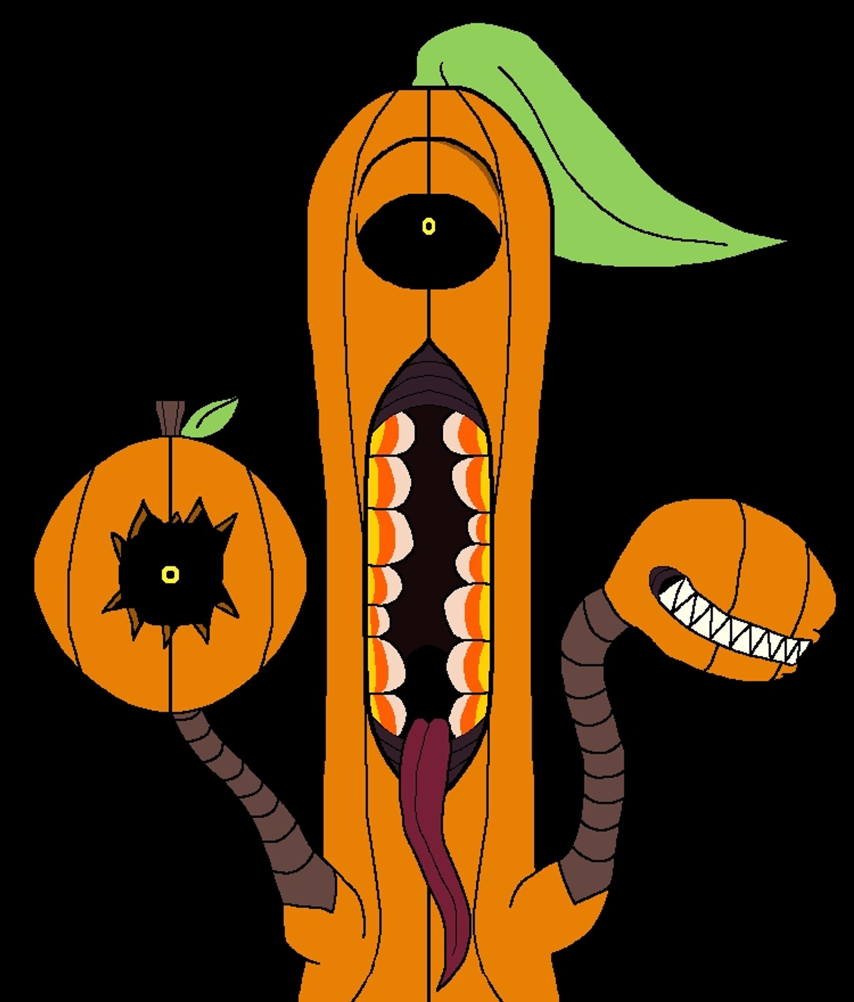 
A dubious-looking plant with a tall orange body and a big green leaf on the top; the top of the body features a single mocking eye.  Midway down the body stretches a vertical maw filled with gnashing candy corn teeth and featuring a dark magenta tongue extending outward.  On each side of the base of the body is a brown stem, extending upward, with the left one having a rounded head featuring a mouth filled with sharp pointy teeth.  The right stem features a round gourd-like structure with a stem and leaf on top with a massive eye in the center of a carved hole.  The body, chompy mouth and decoy eye are all segmented like a pumpkin.