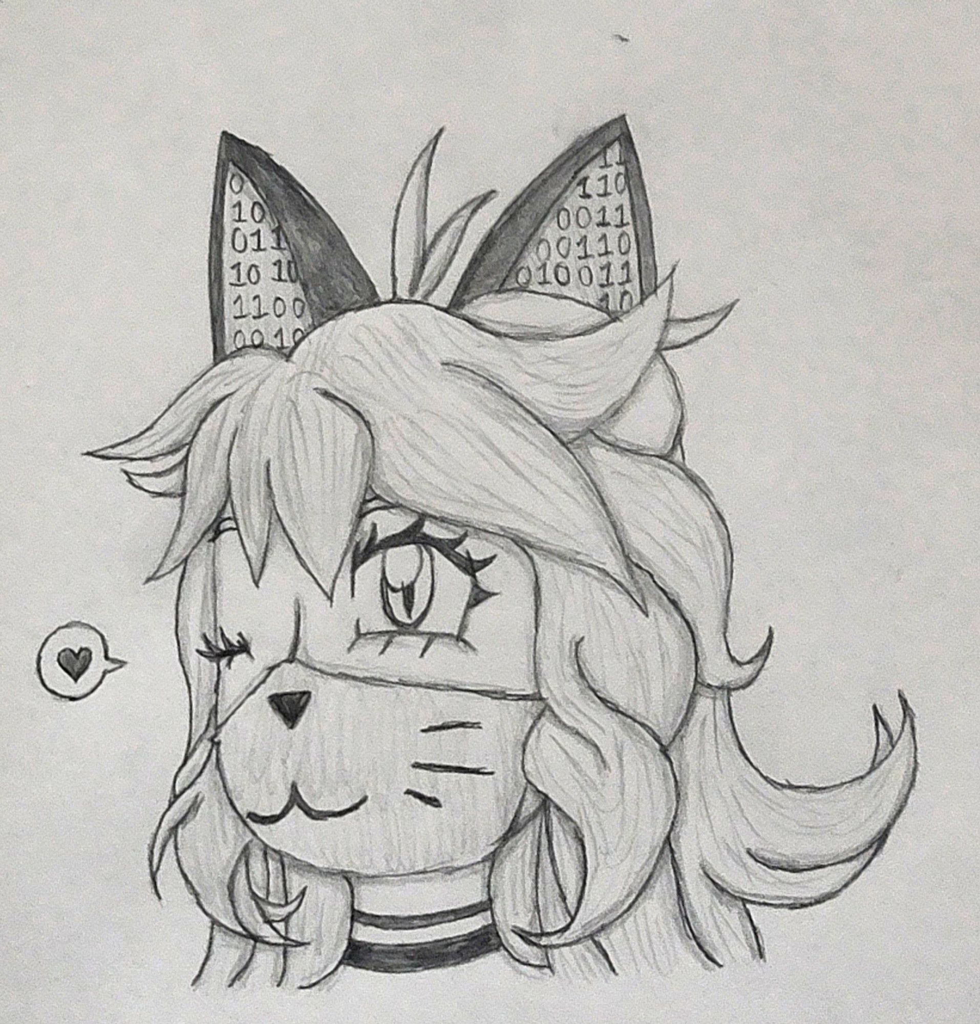 Kit Khat, a purrfectly delightful Vtuber.  Her curly and twisty hair goes down the side of her head and she winks coyly at you behind her facemask with a triangular kitty nose, whiskers on the cheeks, abd a kitty mouth (3).  Her ears show off glowing binary code.