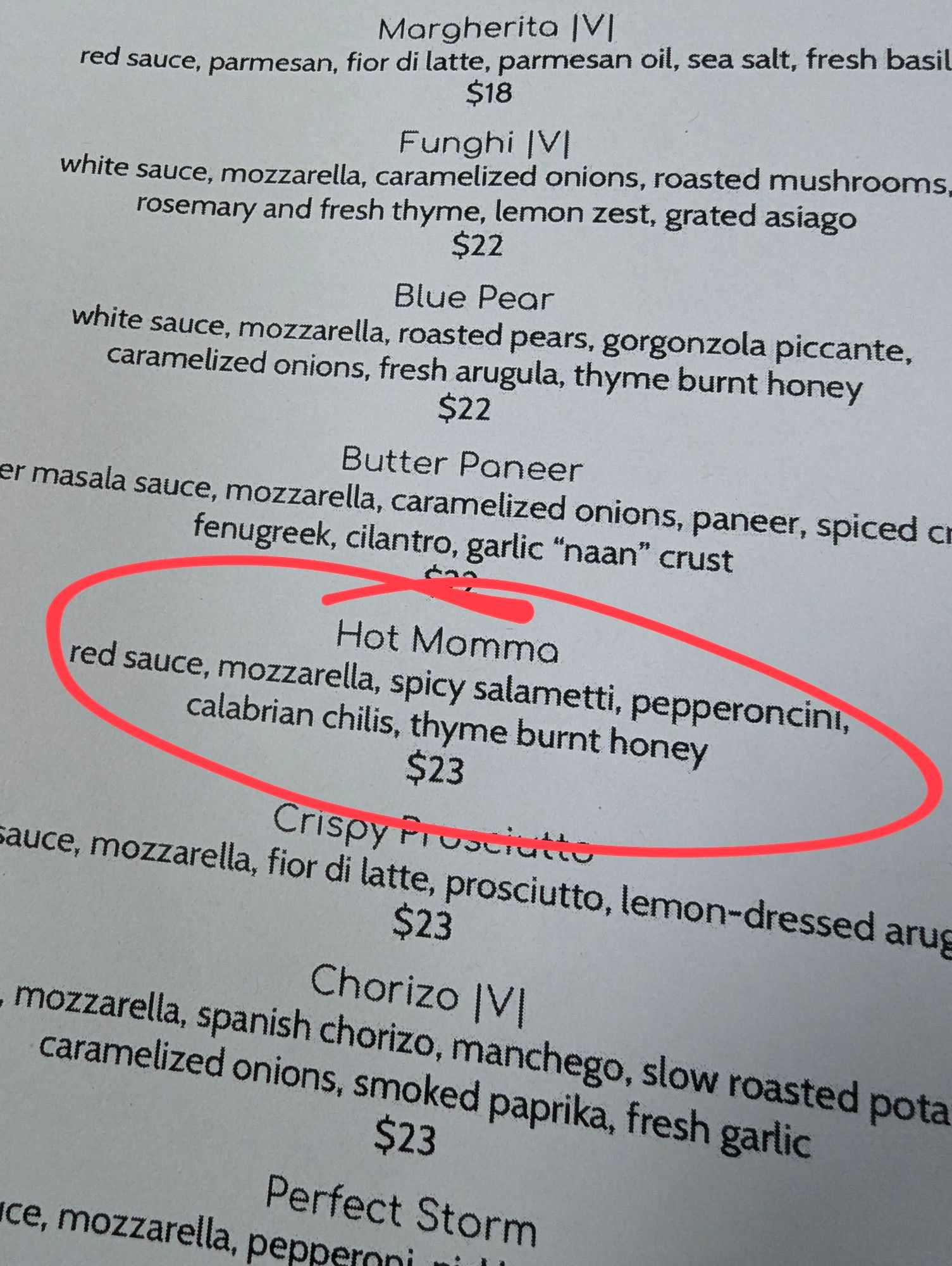 A restaurant menu listing pizza flavors. There's a flavor circled in red called "Hot Momma".