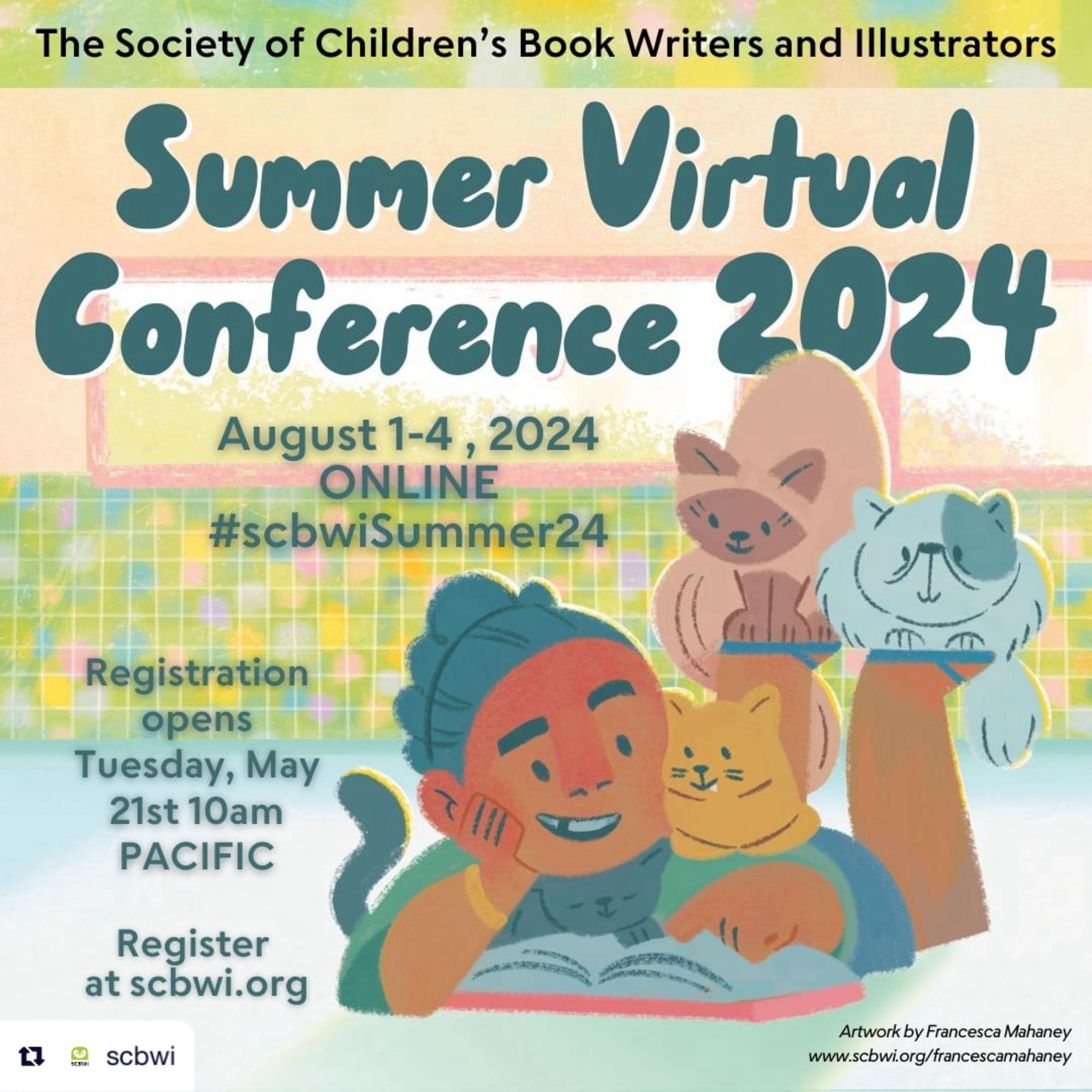 SCBWI conference illustration featuring child reading with cute cats around surrounding.