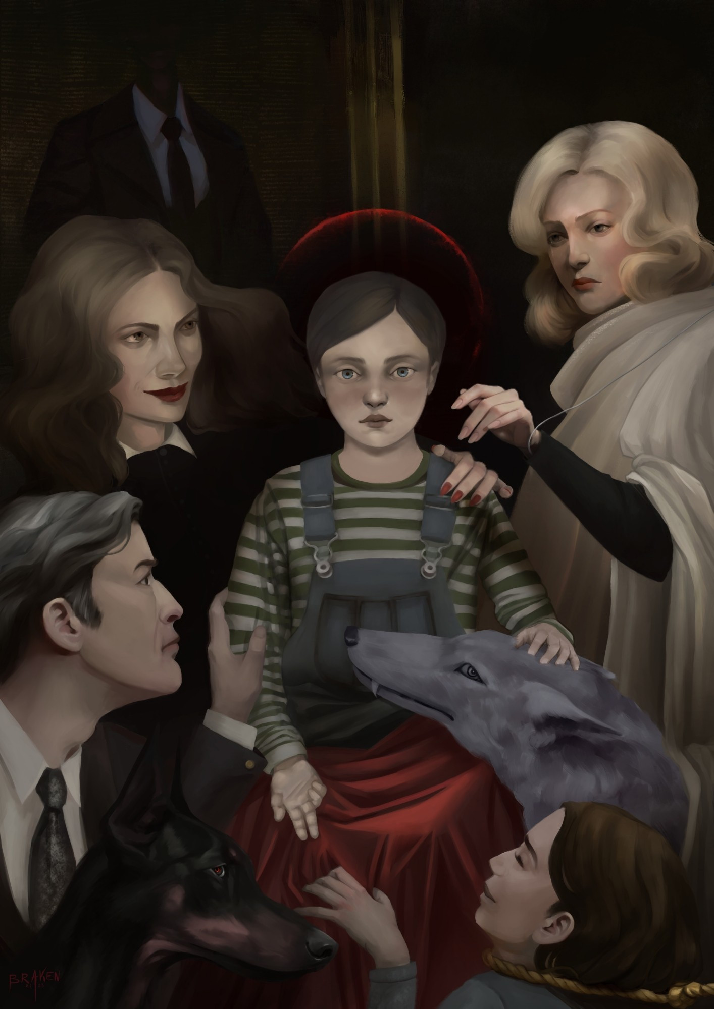 A child, Damien, is sitting in the middle of the frame, surrounded by his family who all look adoringly at him. His hand is on His true morther, the jackal, and his head is hallowed of red. A silhouette in the background watches over the scene.