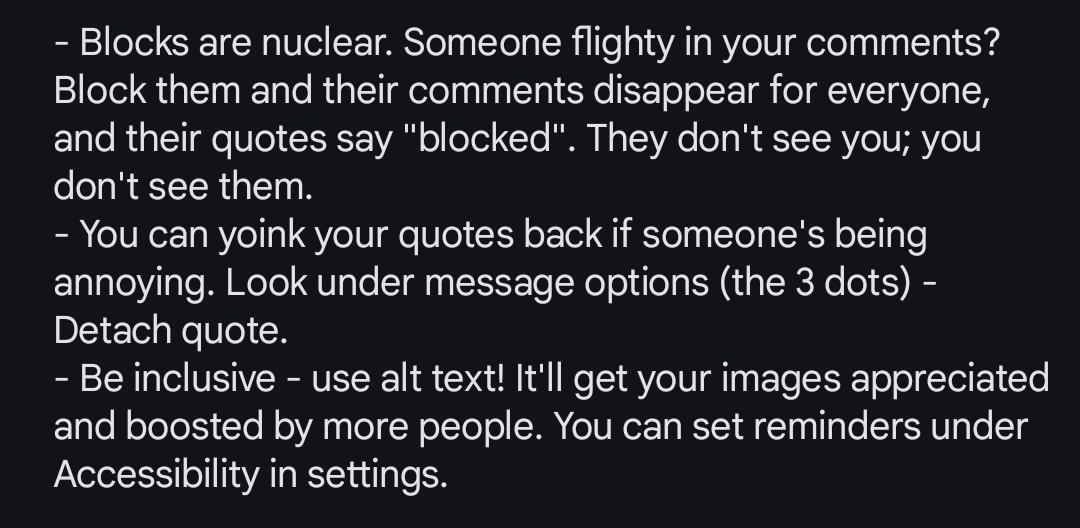 - Blocks are nuclear. Someone flighty in your comments? Block them and their comments disappear for everyone, and their quotes say "blocked". They don't see you; you don't see them.
- You can yoink your quotes back if someone's being annoying. Look under message options (the 3 dots) - Detach quote.
- Be inclusive - use alt text! It'll get your images appreciated and boosted by more people. You can set reminders under Accessibility in settings.