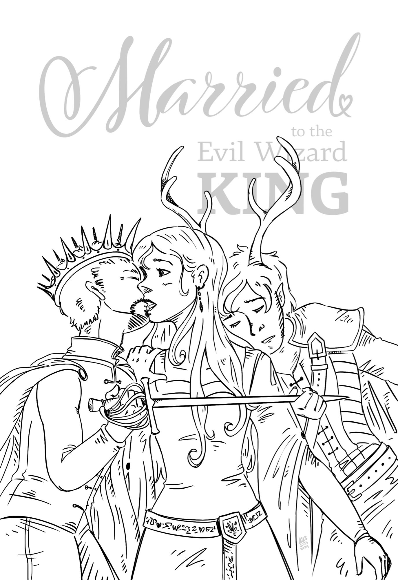 A lineart illustration of three characters in front of the words (this is a book title btw): Married to the Evil Wizard King. 
In the middle is a princess, flanked on both sides by a king and a knight. The king is kissing her and is holding a sword. The knight has his hand curled around the pointy bit of the sword and has his head on her shoulder, looking sad. (He also has antlers btw he’s a magical creature). 
This is based on a famous poster for the play « Twelfth Night » starring Anne Hathaway.