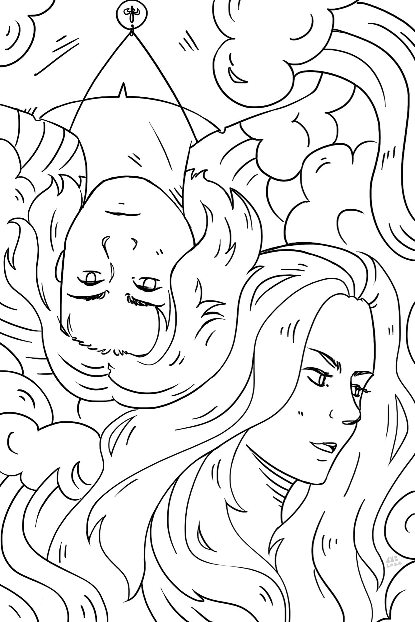 A lineart illustration of a man and a woman with long hair, both surrounded by the same wave pattern