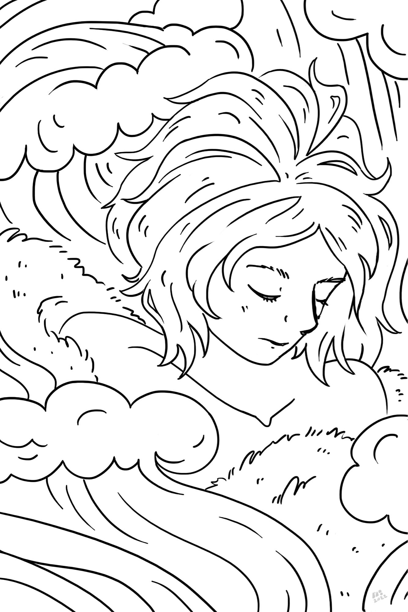 A lineart illustration of a woman with her eyes closed, surrounded by fur and stylized waves