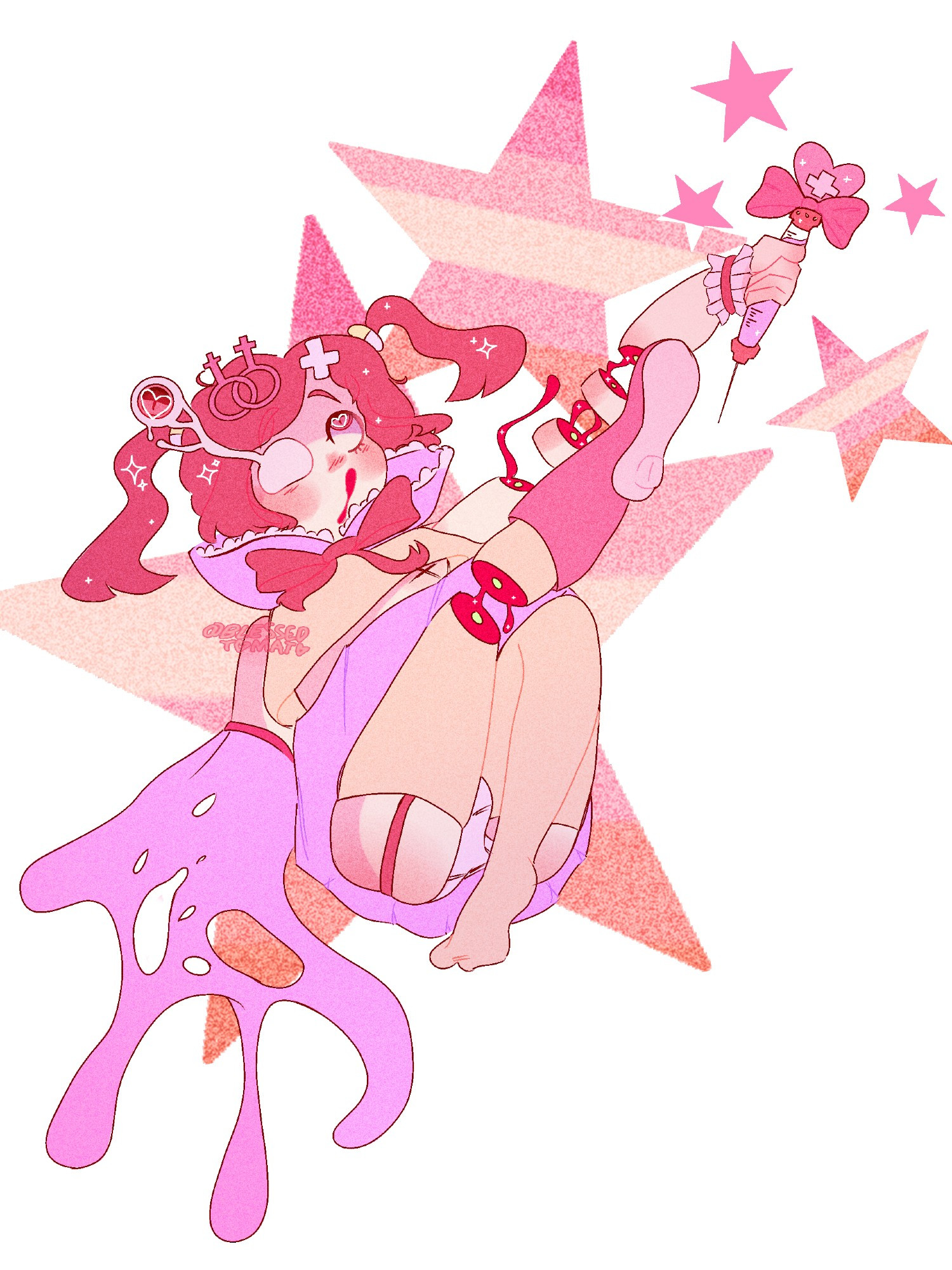 a horrific magical girl with many injuries and a spaced out expression 