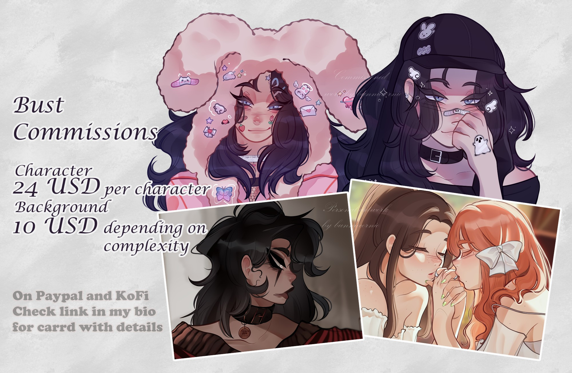 a price sheet with various bust images of different characters, a character drawing costs 24 USD, and a background costs around 10 USD depending on complexity, the payment is through paypal or kofi 