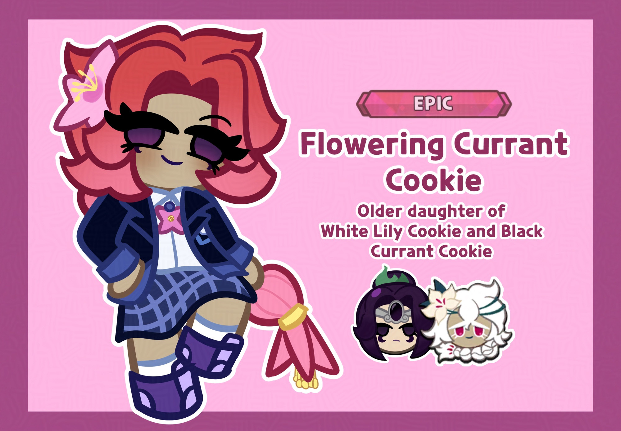 This is a reference of a Cookie Run OC named Flowering Currant Cookie. She has red to pink gradient hair tied into a long braid. Flowering Currant also has black eye outlines with purple marks under her bottom lashes, and she is wearing a school uniform.

The characters head icons are Black Currant Cookie and White Lily Cookie