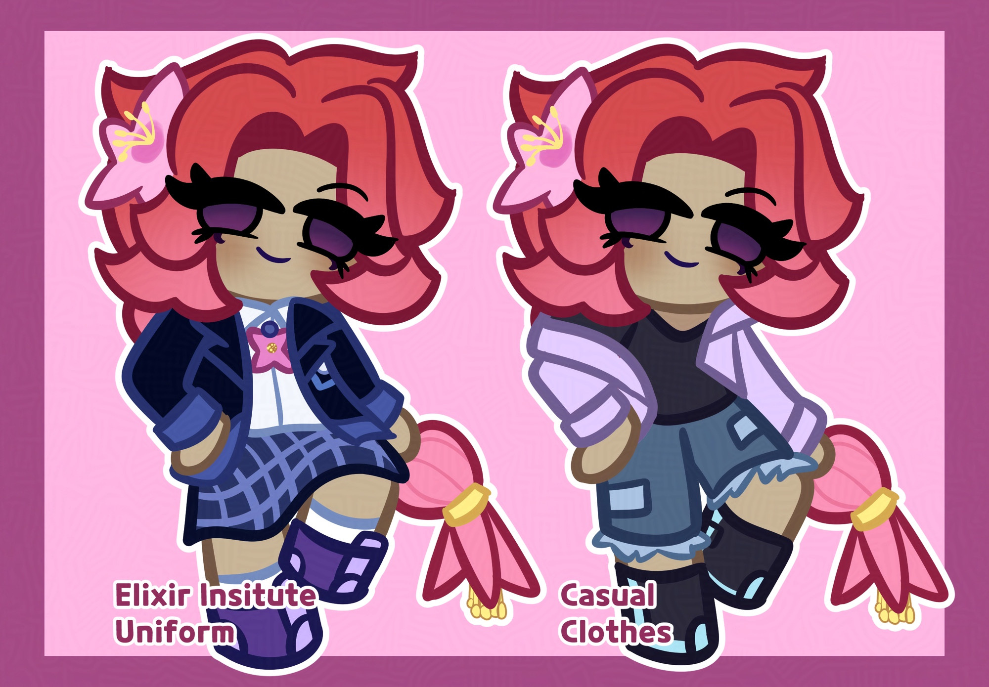 This is a reference of a Cookie Run OC named Flowering Currant Cookie. She has red to pink gradient hair tied into a long braid. Flowering Currant also has black eye outlines with purple marks under her bottom lashes.

One of her outfits is a uniform for the Elixir Institute, while wearing a Flowering Currant Pin over her button up shirt, a jacket and a plaid skirt. She also wears purple sneakers.

The other outfit is her casual outfit, wearing a lilac jacket which is hanging off her shoulders, Jean shorts, black shirt and shoes.