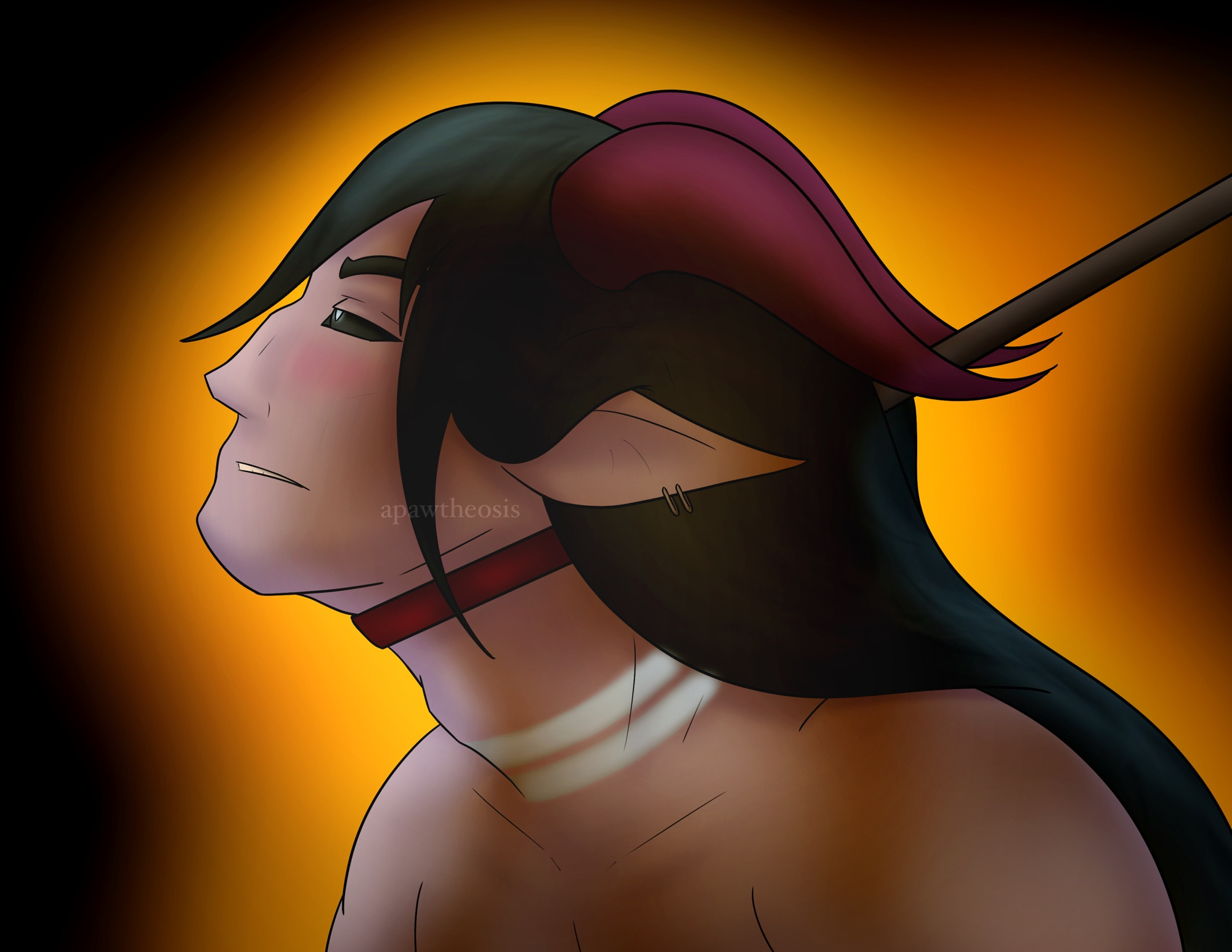 A humanoid demon with purple skin, long black hair, and dark purple horns is blushing and leaning forward to the viewer’s left. He’s wearing a red collar with a leash being pulled to the right. 