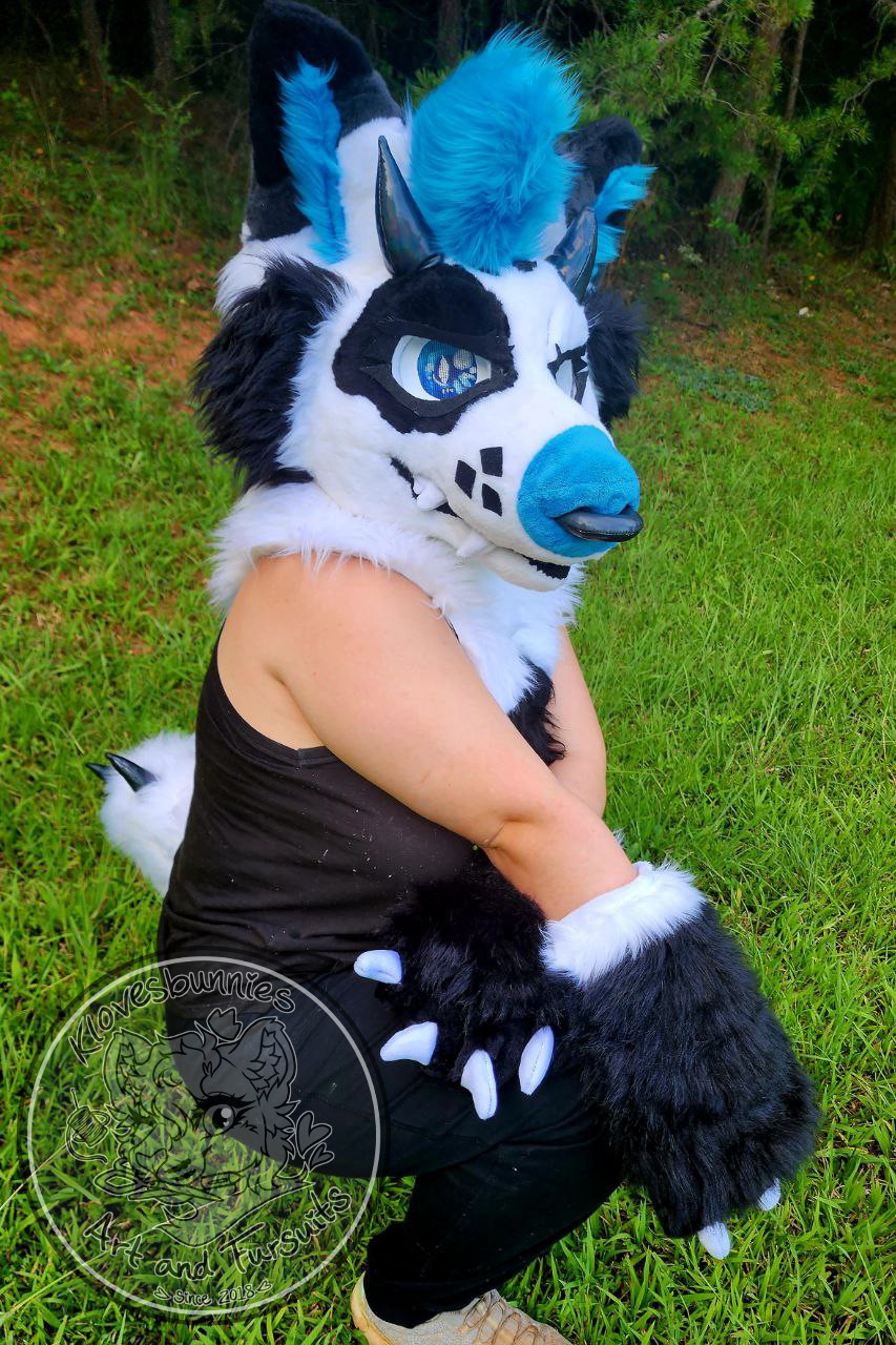 Blitz the Demon Wolf fursuit for sale. White and Black wolf, with blue accents, angry eyes, and horns.