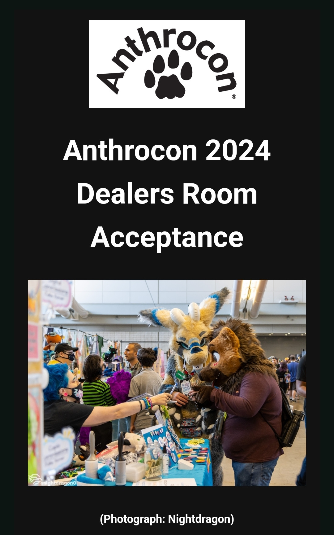 Anthrocon acceptance email 

#furryfandom #furryartist #dealersden #anthrocon2024 #anthrocon #furcon #furryconvention