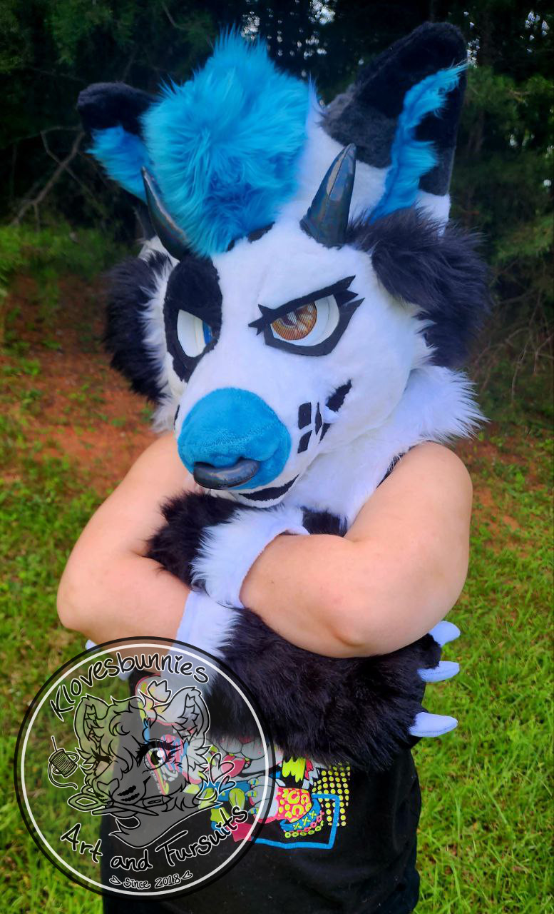 Blitz the Demon Wolf fursuit for sale. White and Black wolf, with blue accents, angry eyes, and horns.

#furry #furryart #furryfandom #fursuit #fursuitmaker #fursuitfriday #fursuitforsale