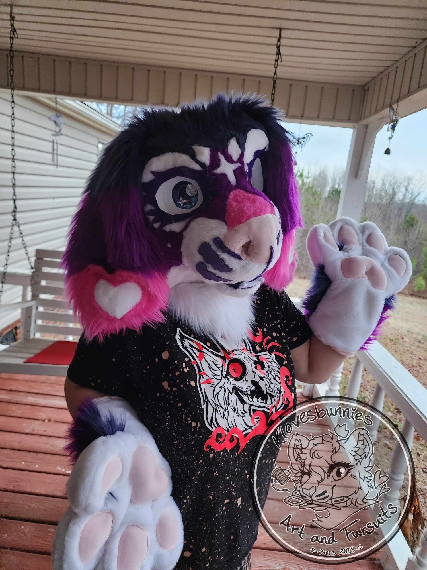 Stella the Bunny snep, dark purple, Grape purple, and white with hot pink markings, lop ears, and light pink nose + paw pads. 

#furryart #fursuitforsale #fursuit #fursuitfriday #cutefursuit