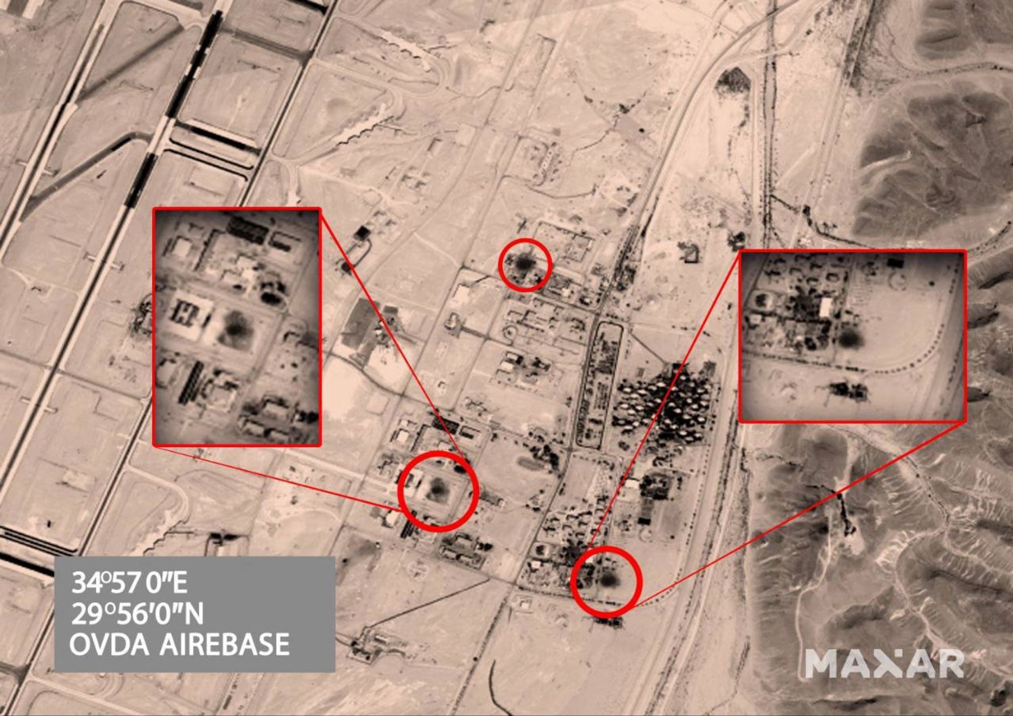 Satellite images of craters in aircraft parking areas of Ovda Airbase