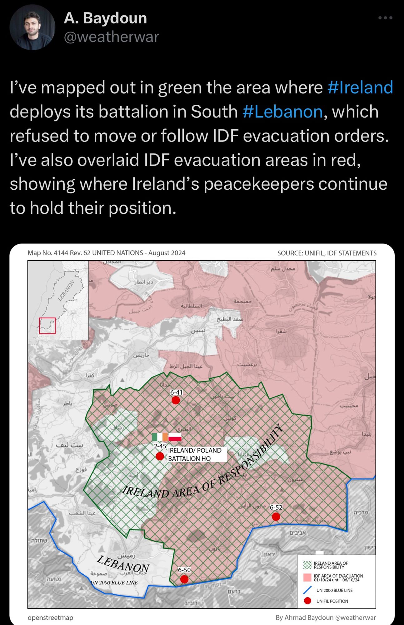 Tweet from A. Baydoun:
I've mapped out in green the area where #Ireland deploys its battalion in South #Lebanon, which refused to move or follow IDF evacuation orders. l've also overlaid IDF evacuation areas in red, showing where Ireland's peacekeepers continue to hold their position.