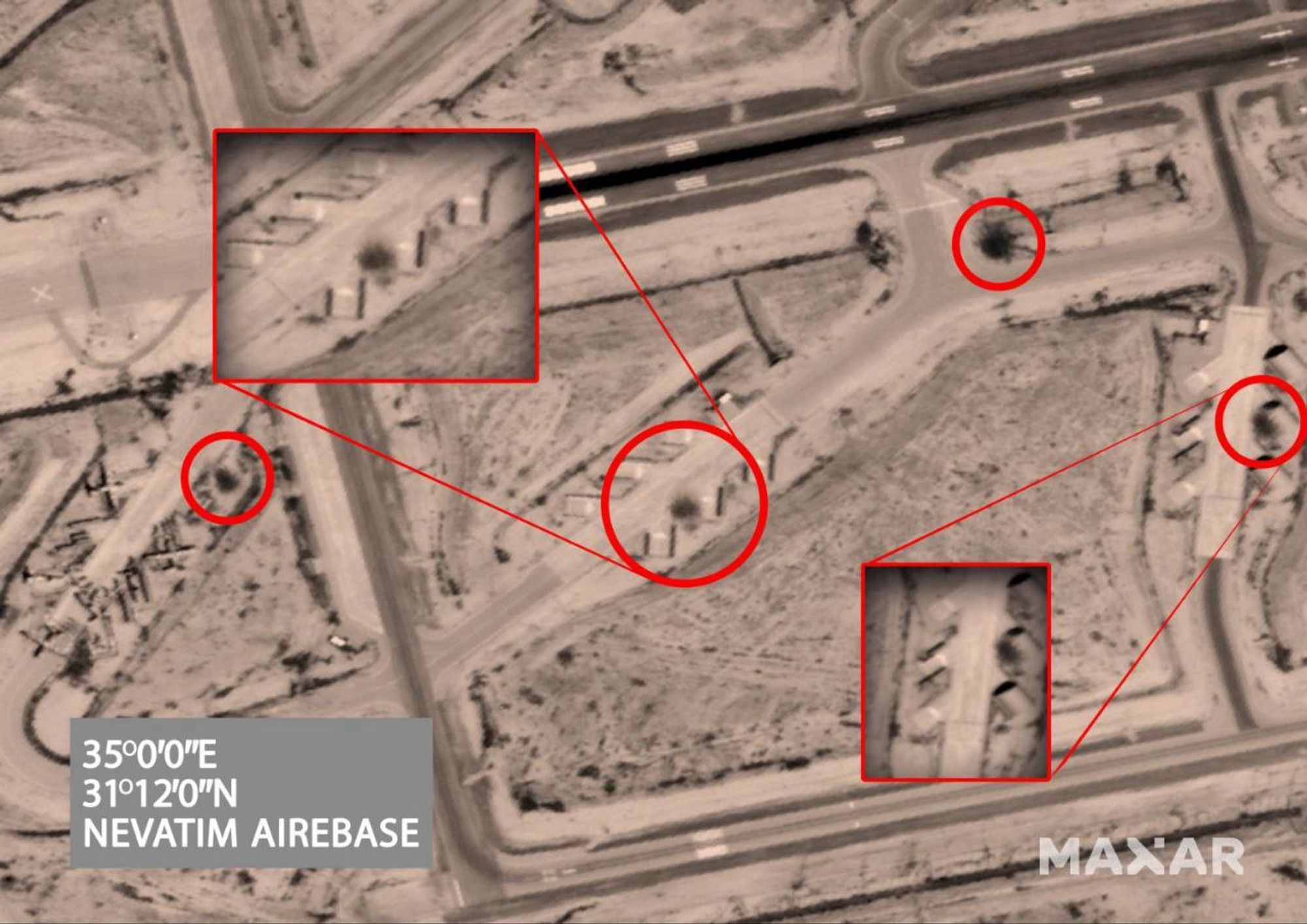 Satellite images of craters in aircraft parking areas of Nevatim Airbase