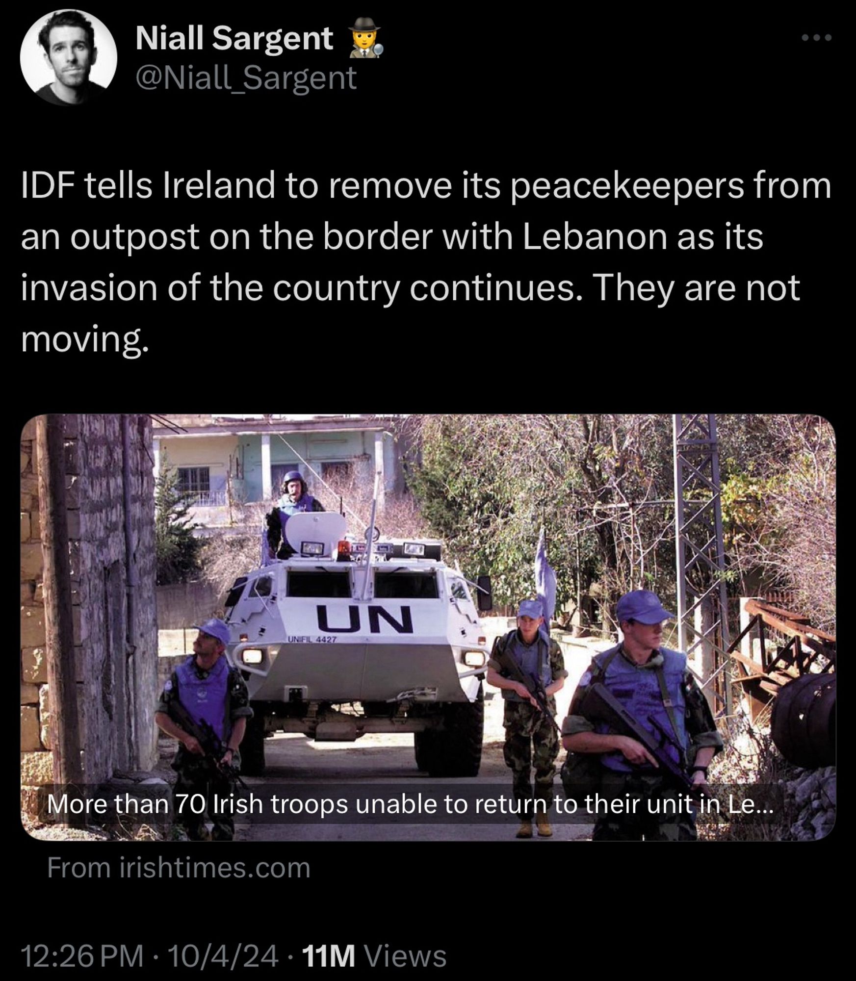 Tweet from Niall Sargent:
IDF tells Ireland to remove its peacekeepers from an outpost on the border with Lebanon as its invasion of the country continues. They are not moving.