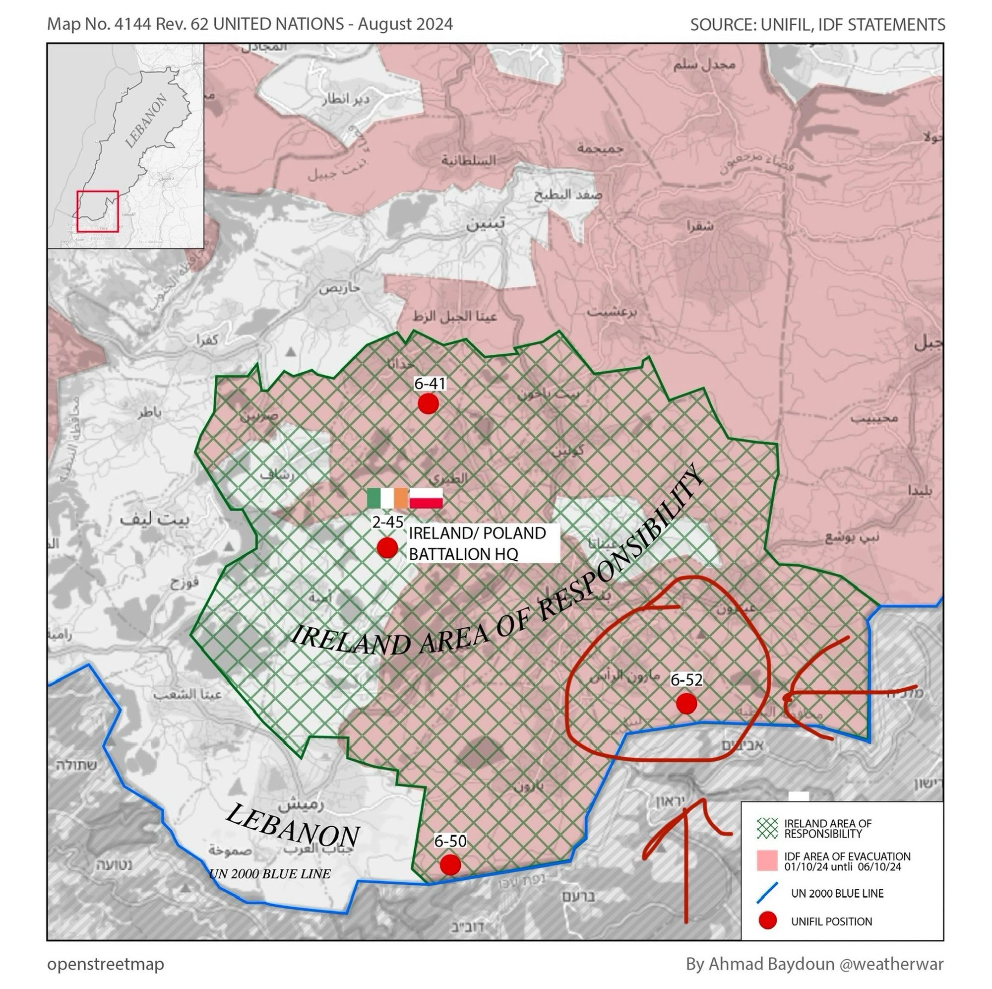 Map of the southeast corner of Lebanon with the UNIFIL area of responsibility. The IDF incursion is circled with two arrows pointing at it.