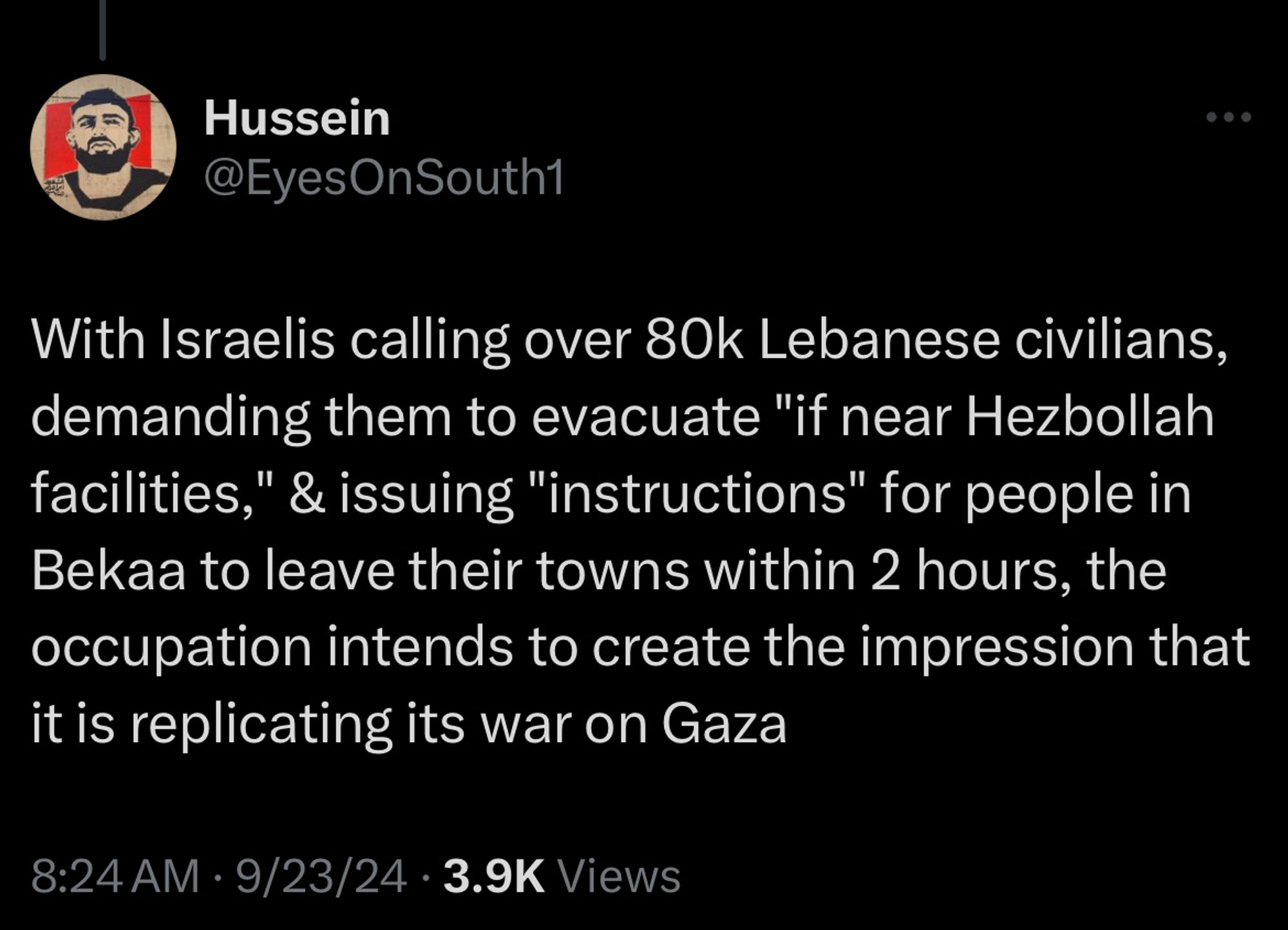 Hussein tweet:
With Israelis calling over 80k Lebanese civilians, demanding them to evacuate "if near Hezbollah facilities," & issuing "instructions" for people in Bekaa to leave their towns within 2 hours, the occupation intends to create the impression that it is replicating its war on Gaza