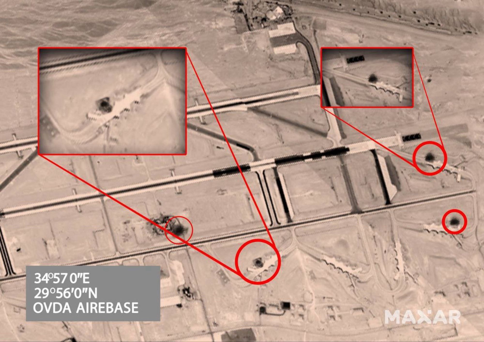 Satellite images of craters in aircraft parking areas of Ovda Airbase