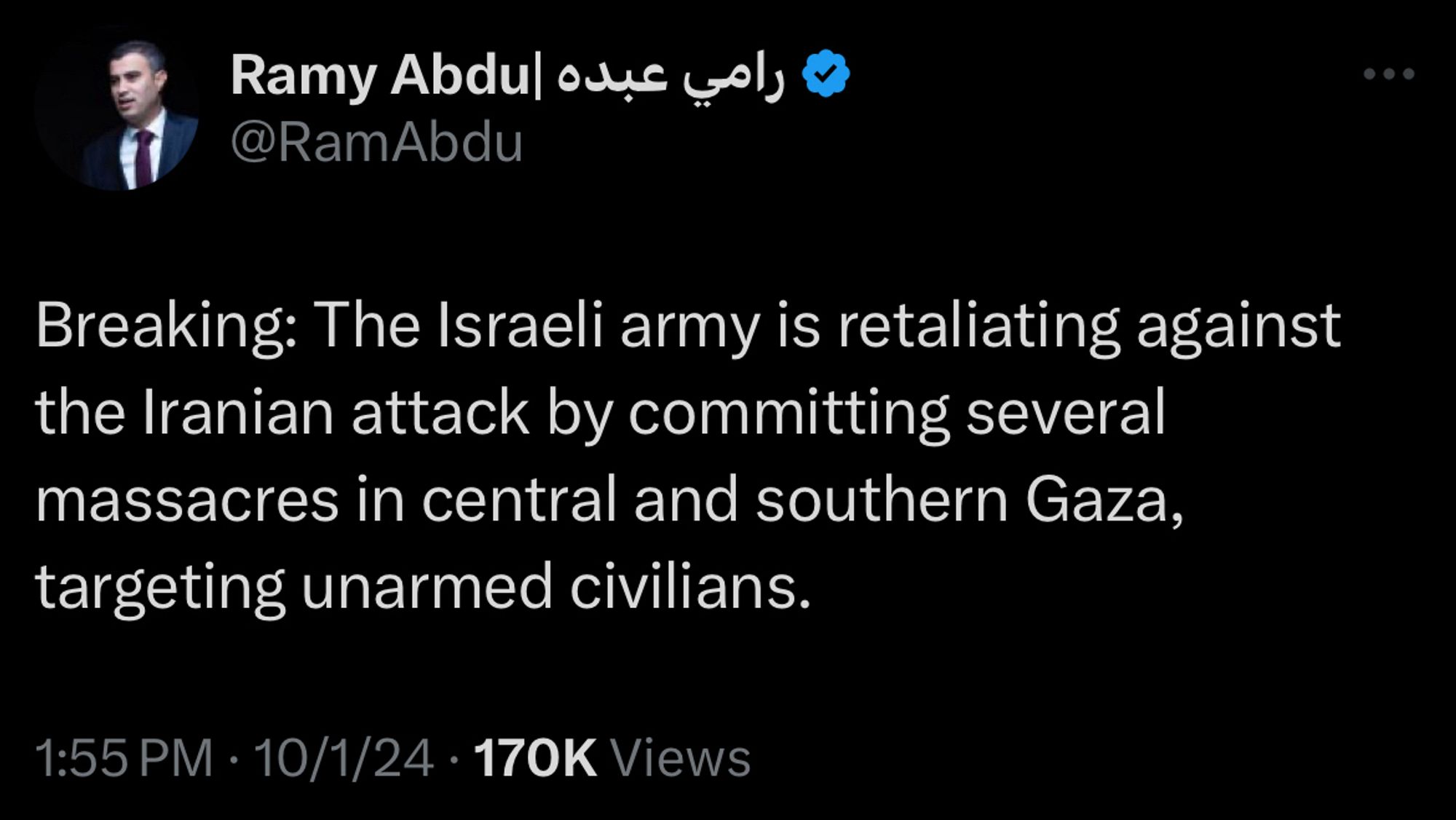 Tweet from Ramy Abdu:
Breaking: The Israeli army is retaliating against the Iranian attack by committing several massacres in central and southern Gaza, targeting unarmed civilians.