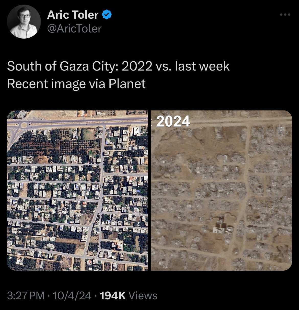 Tweet from Aric Toler:
South of Gaza City: 2022 vs. last week
Recent image via Planet