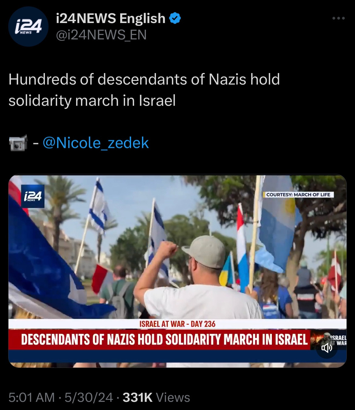 Tweet from i24 News English:
Hundreds of descendants of Nazis hold
solidarity march in Israel