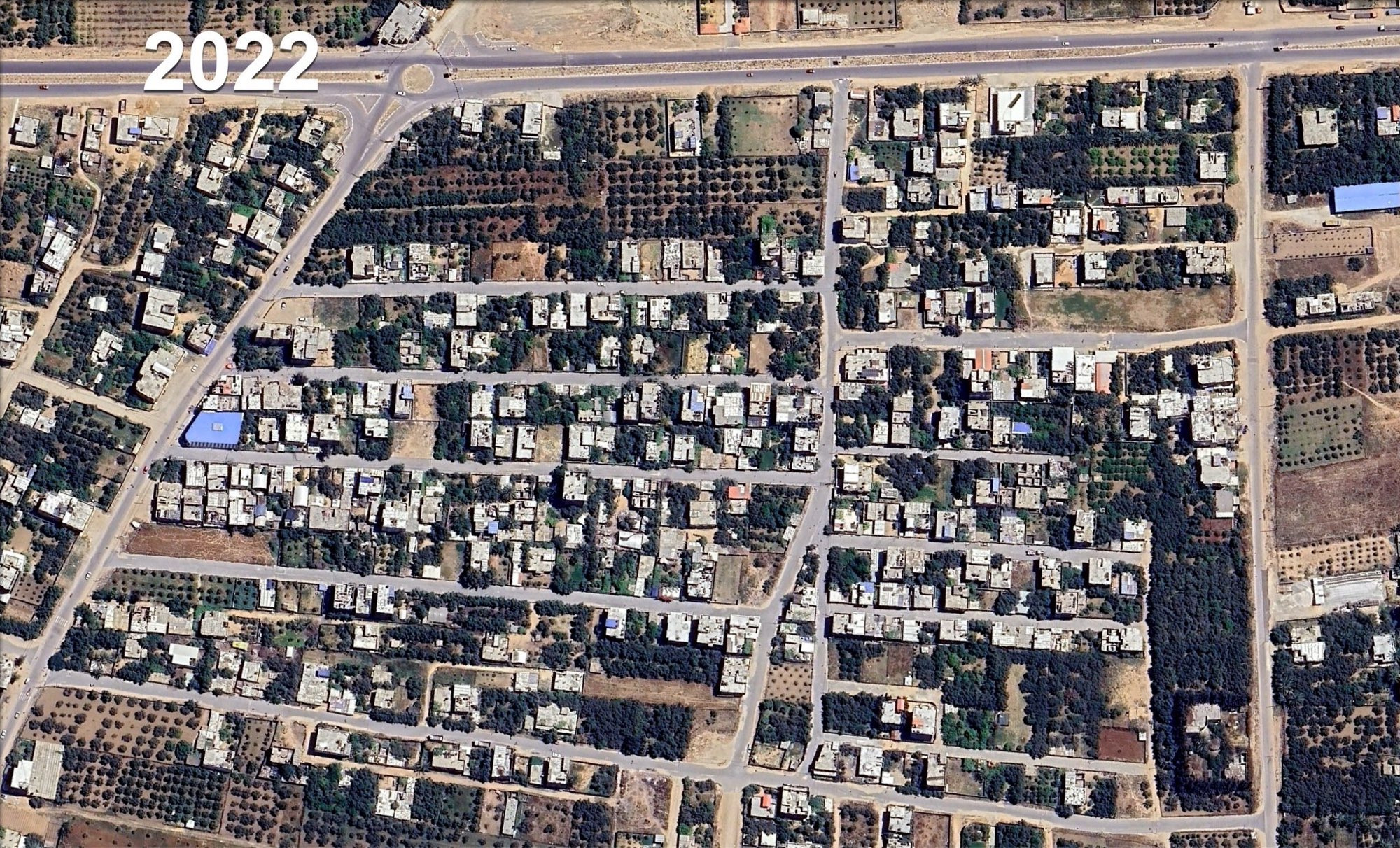 Gaza neighborhood in 2022 pictured from space. Normal-looking neighborhood.