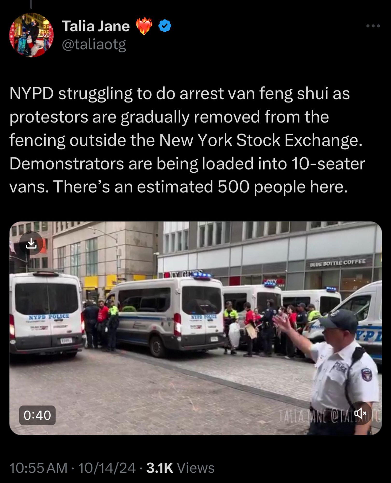 Tweet from Talia Jane:
NYPD struggling to do arrest van feng shui as protestors are gradually removed from the fencing outside the New York Stock Exchange.
Demonstrators are being loaded into 10-seater vans. There's an estimated 500 people here.