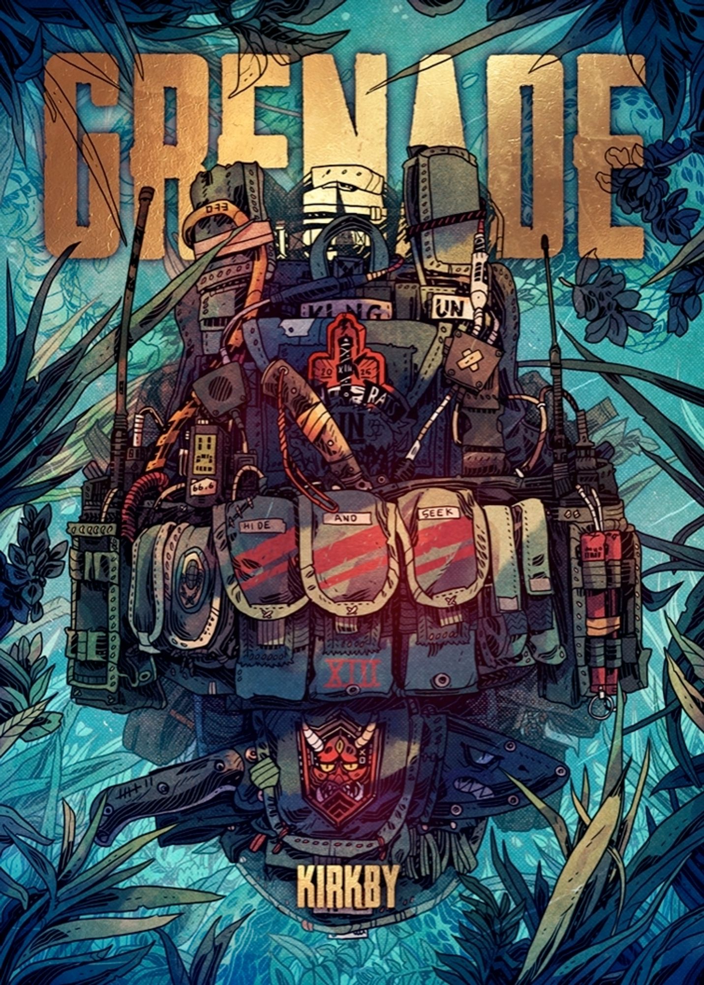 A cover to a comic called grenade. With a tactical vest floating in water shaped like a grenade.